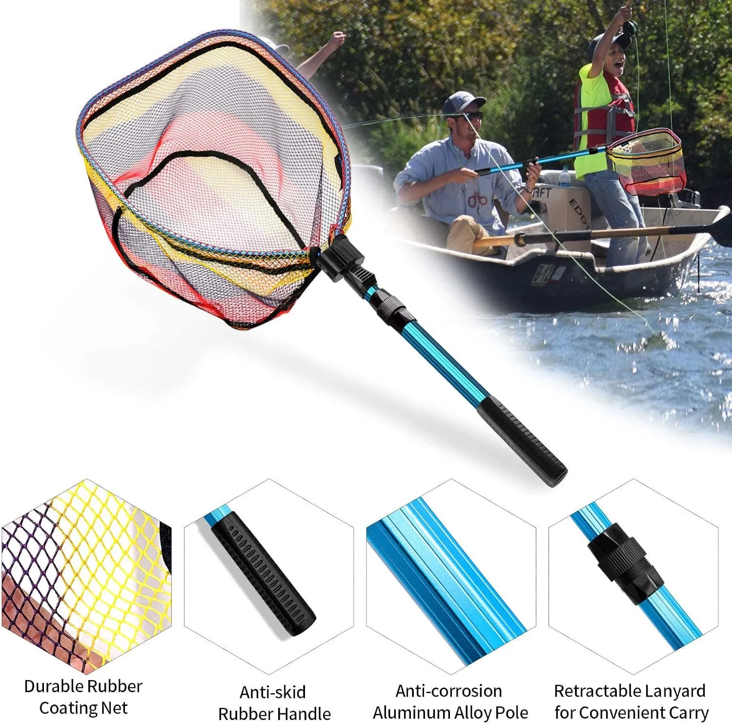 SAN LIKE Floating Fishing Net Collapsible Fishing Nets for Fish Fishing Landing Net with Telescopic Pole Rubber Coated Landing Net for Freshwater Saltwater Foldable Release Salmon Catfish Bass Trout