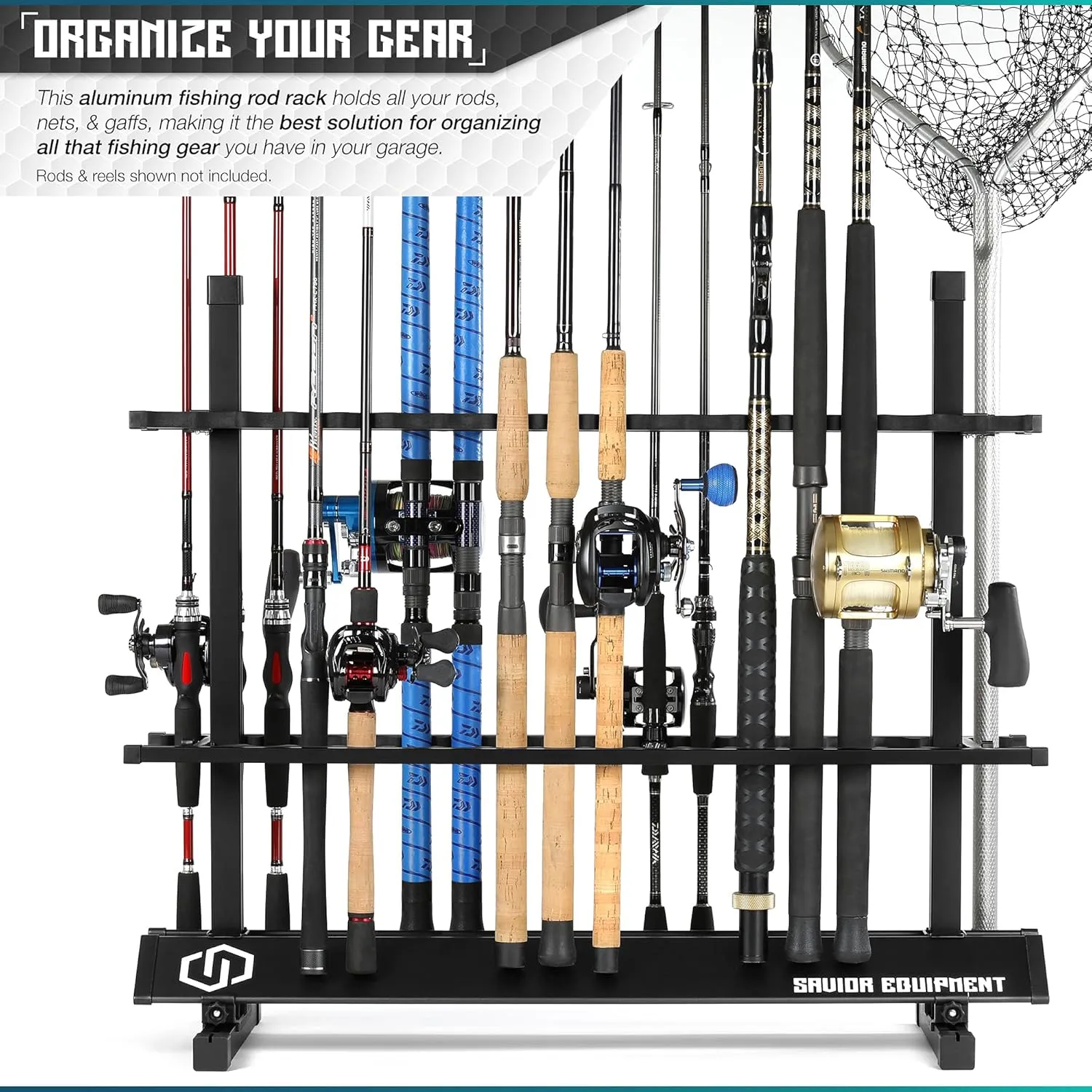 Savior Equipment Fishing Rod Rack Holder Organizer, 24-48 Slots to Hold Fresh Salt Water Spinning Rods & Reel Combo, Lightweight Aluminum Vertical Fish Pole Garage Storage Ground Display Stand