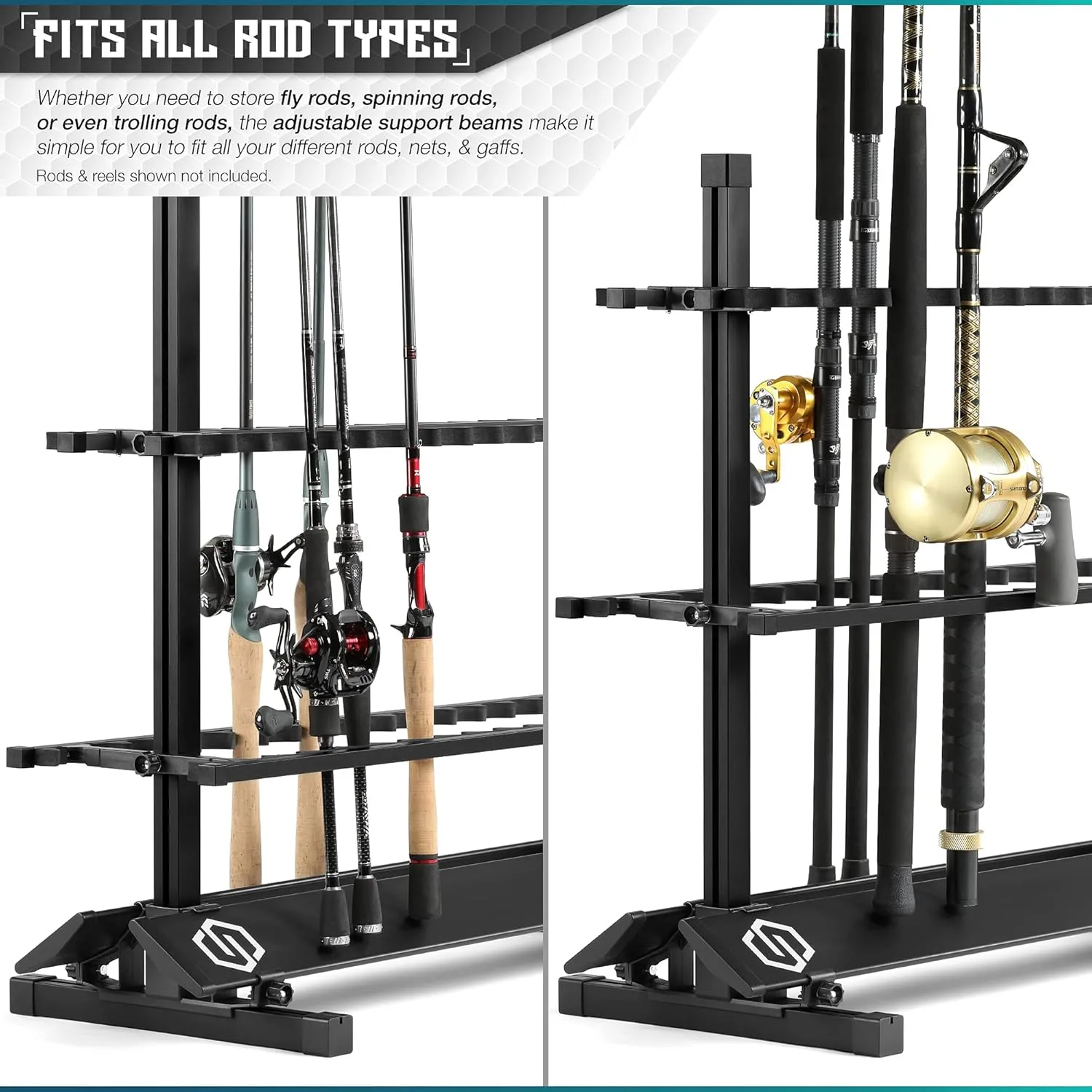 Savior Equipment Fishing Rod Rack Holder Organizer, 24-48 Slots to Hold Fresh Salt Water Spinning Rods & Reel Combo, Lightweight Aluminum Vertical Fish Pole Garage Storage Ground Display Stand