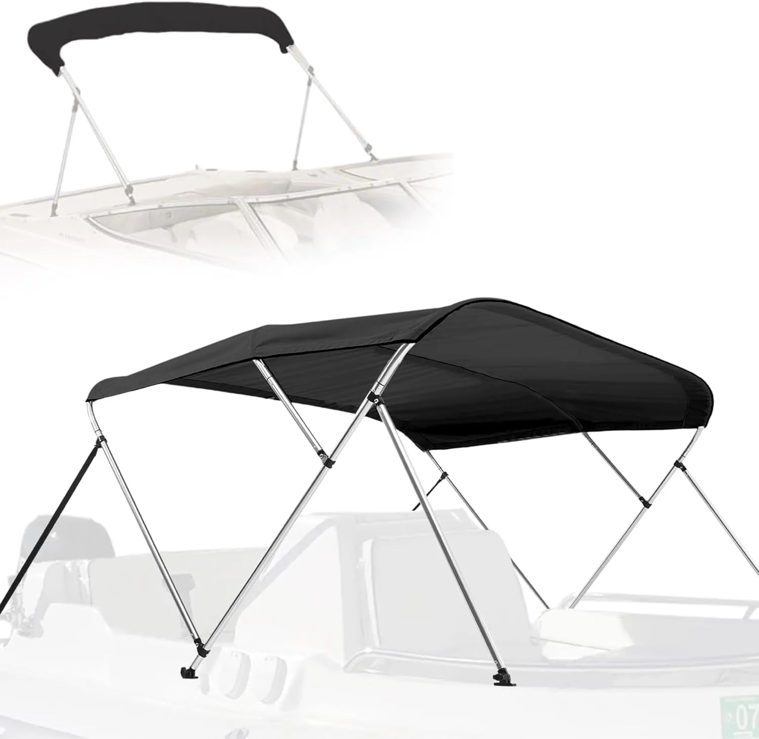 SereneLife 4 Bow Bimini Top Boat Cover – 96" L x 61-66" W x 54" H, Durable 1" Aluminum Frame, Waterproof & UV-Resistant, Easy Install with Front Straps, Rear Support Arms & Free Storage Boot (Gray)