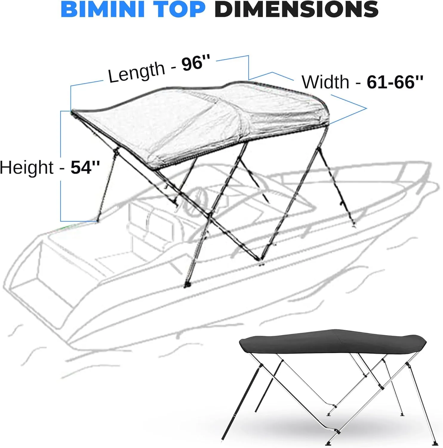 SereneLife 4 Bow Bimini Top Boat Cover – 96" L x 61-66" W x 54" H, Durable 1" Aluminum Frame, Waterproof & UV-Resistant, Easy Install with Front Straps, Rear Support Arms & Free Storage Boot (Gray)