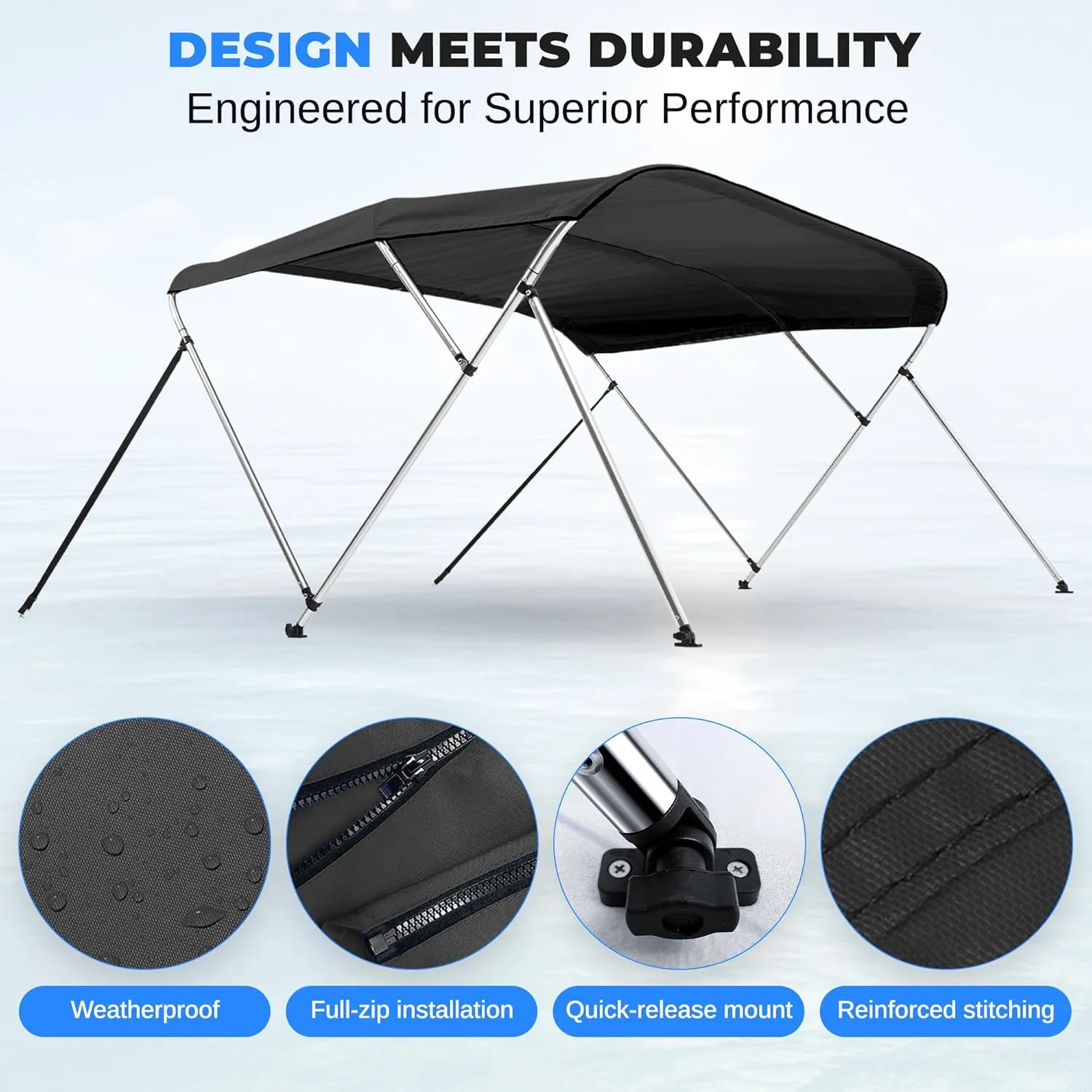 SereneLife 4 Bow Bimini Top Boat Cover – 96" L x 61-66" W x 54" H, Durable 1" Aluminum Frame, Waterproof & UV-Resistant, Easy Install with Front Straps, Rear Support Arms & Free Storage Boot (Gray)