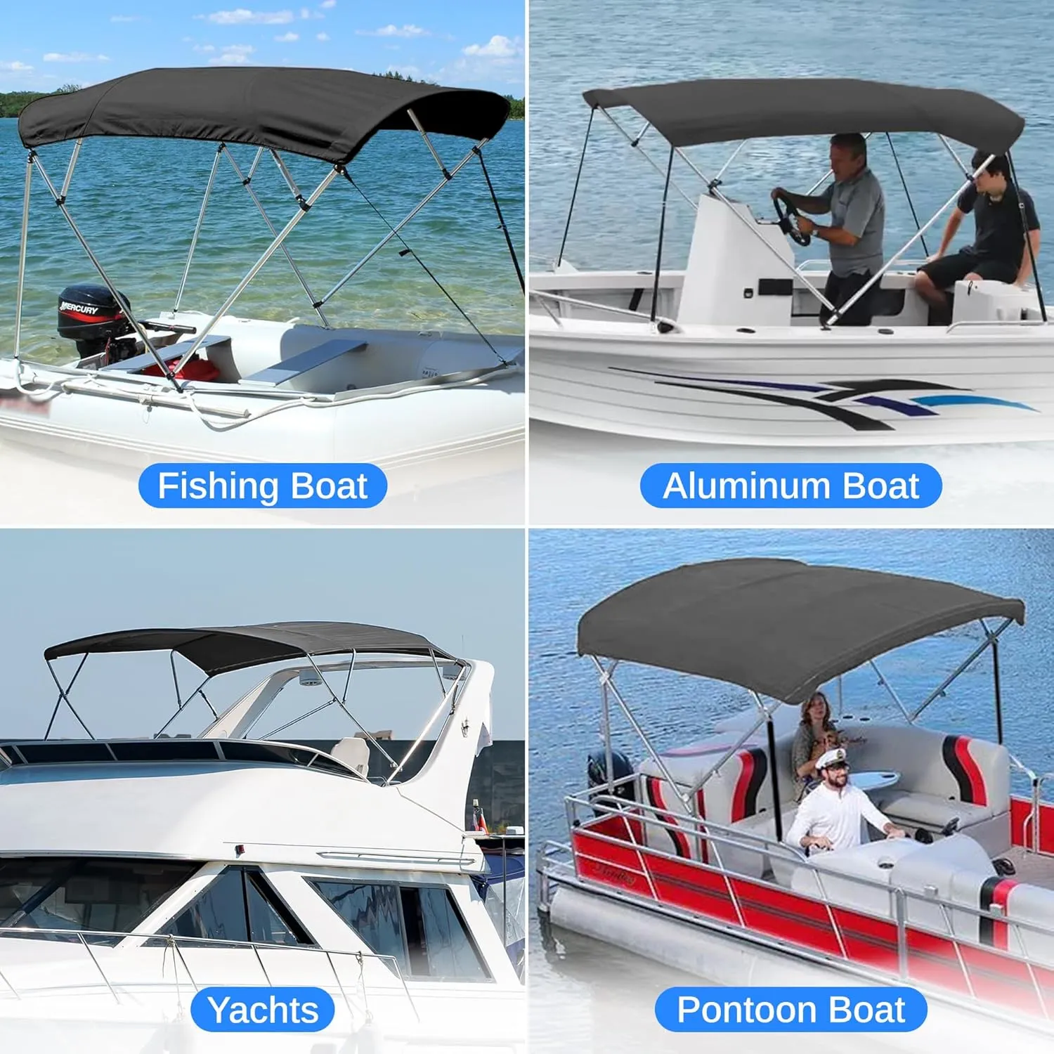 SereneLife 4 Bow Bimini Top Boat Cover – 96" L x 61-66" W x 54" H, Durable 1" Aluminum Frame, Waterproof & UV-Resistant, Easy Install with Front Straps, Rear Support Arms & Free Storage Boot (Gray)