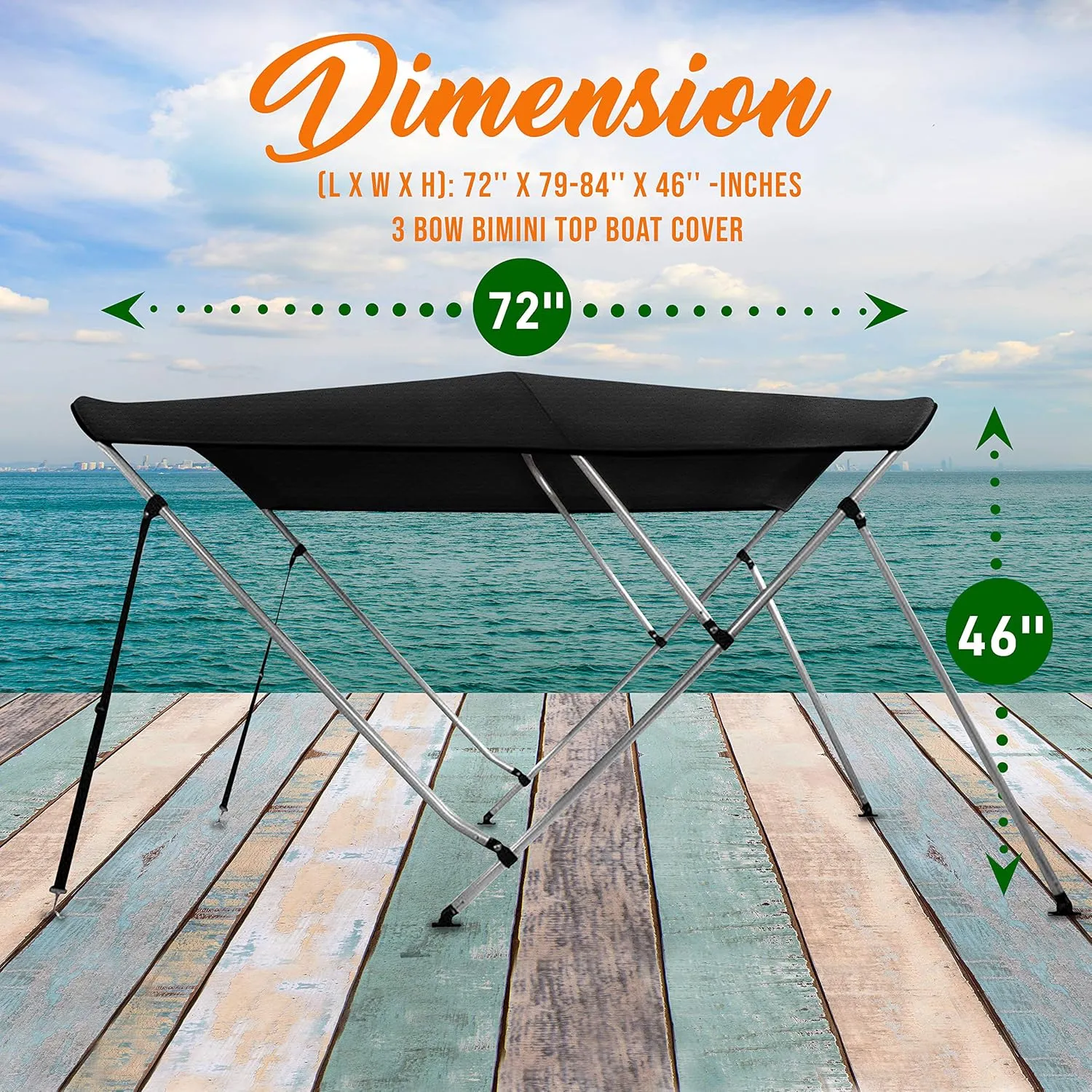 SereneLifeHome Waterproof Boat Bimini Top Cover 79-84" W 3 Bow Bimini Top Sun Shade Boat Canopy-1"Double Wall Aluminum Frame Tubes, 2 Front Straps, 2 Rear Support Poles, Storage Boot-SLBTW84G.5 (Gray)