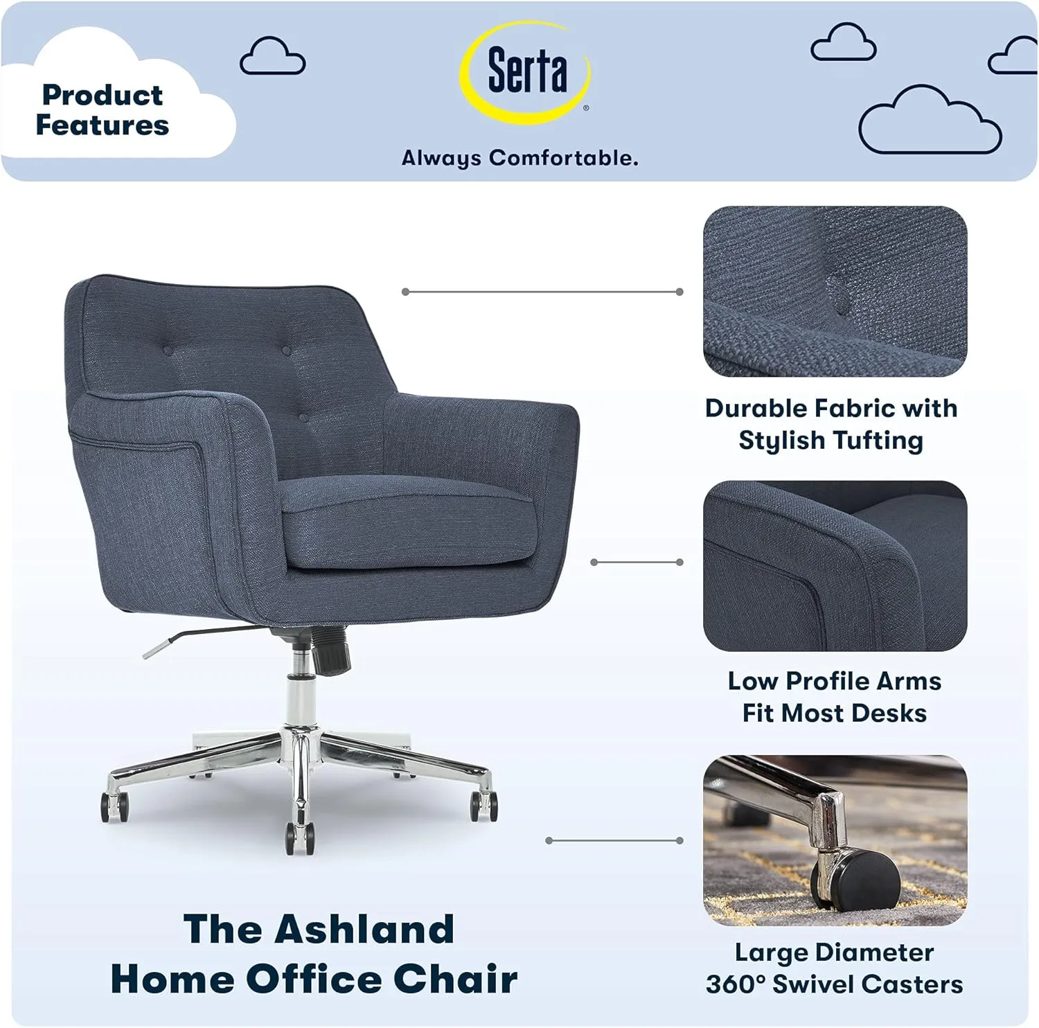Serta Ashland Home Office Desk Chair with Button Tufted Mid-Back, Memory Foam Cushion and Padded Arms, Mid Century Modern Vanity Armchair with Wheels for Bedroom, Chrome Metal Base, Blue