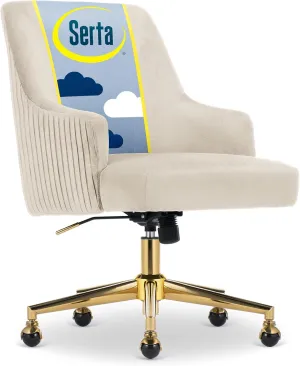 Serta Scarlett Modern Office Chair, Pleated and Curved Mid-Back Desk Chair, Pocket Coil Seat Cushion, Padded Armrests, Vanity Armchair with Wheels, Swivel Gold Base, Beige Velvet Fabric