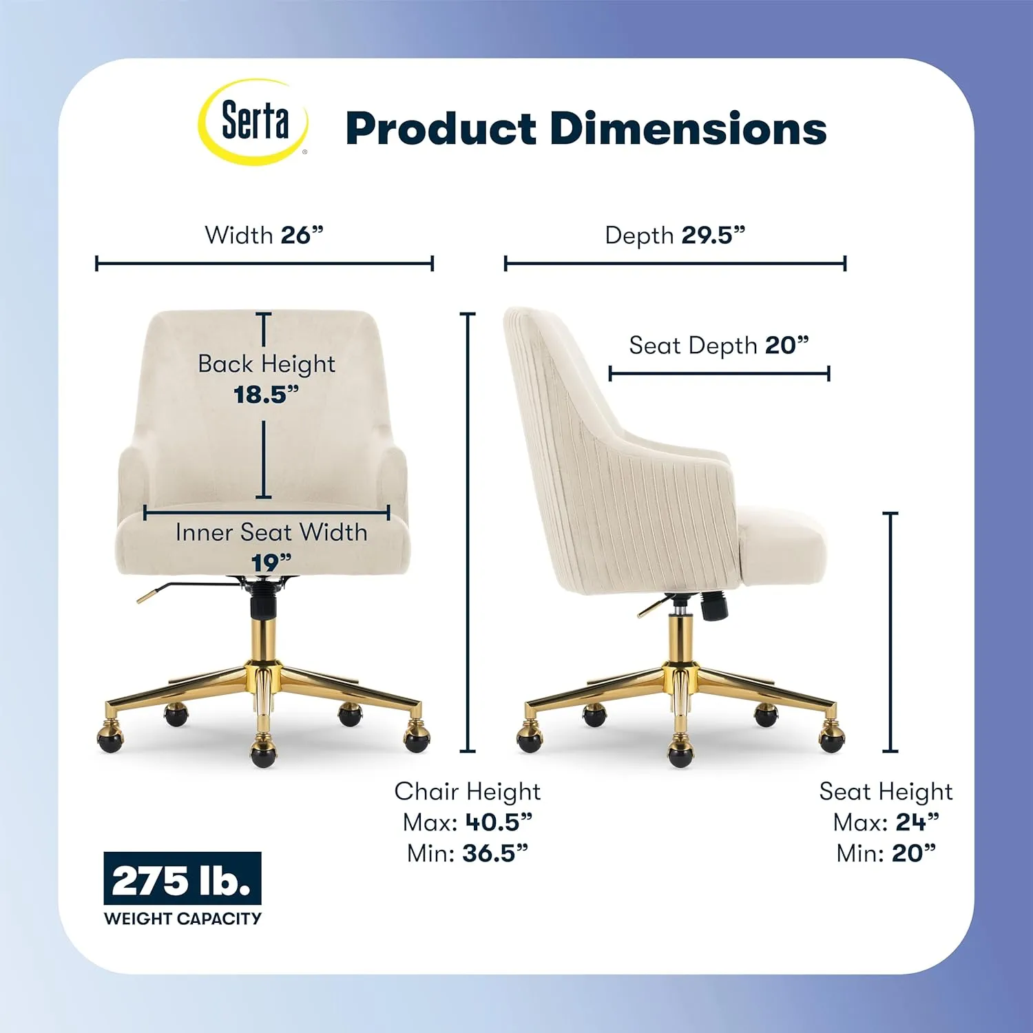 Serta Scarlett Modern Office Chair, Pleated and Curved Mid-Back Desk Chair, Pocket Coil Seat Cushion, Padded Armrests, Vanity Armchair with Wheels, Swivel Gold Base, Beige Velvet Fabric