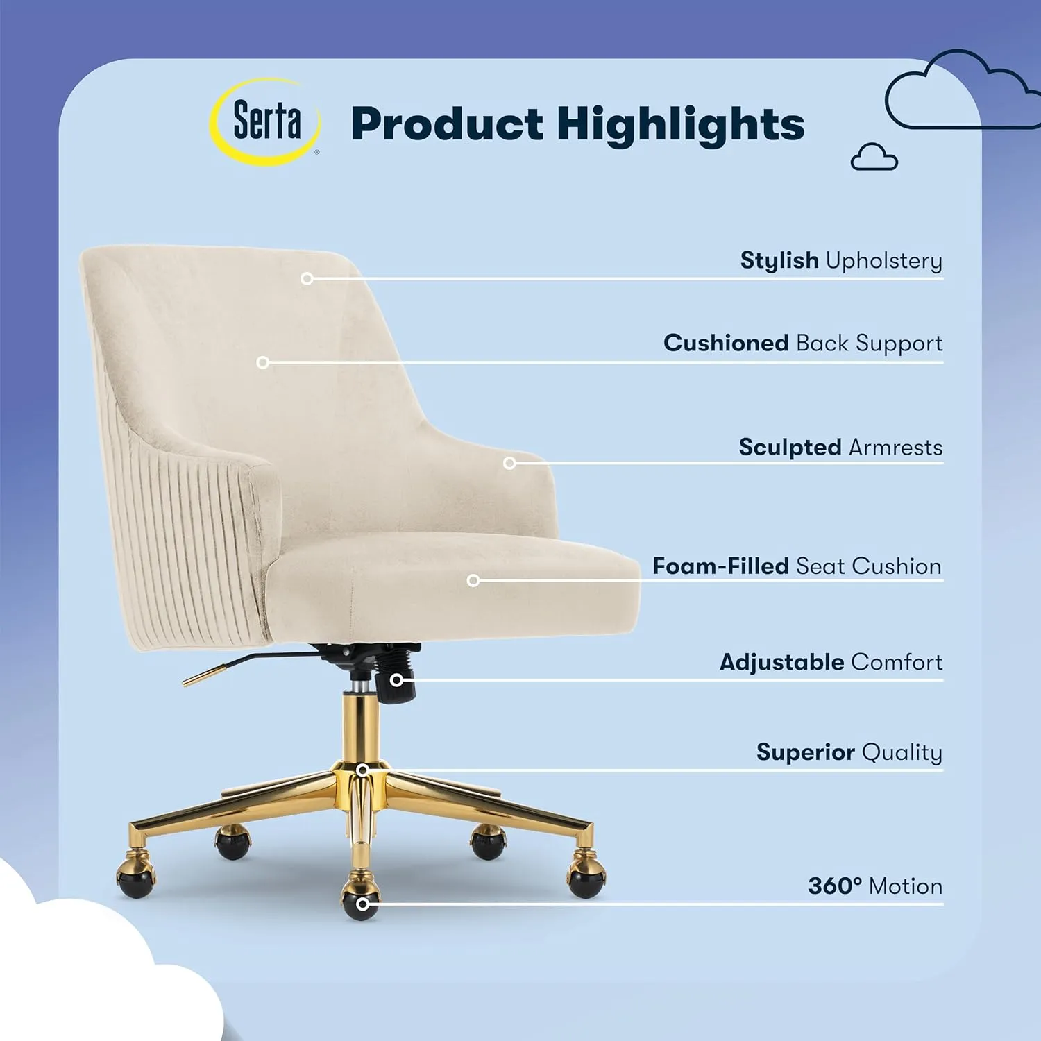 Serta Scarlett Modern Office Chair, Pleated and Curved Mid-Back Desk Chair, Pocket Coil Seat Cushion, Padded Armrests, Vanity Armchair with Wheels, Swivel Gold Base, Beige Velvet Fabric