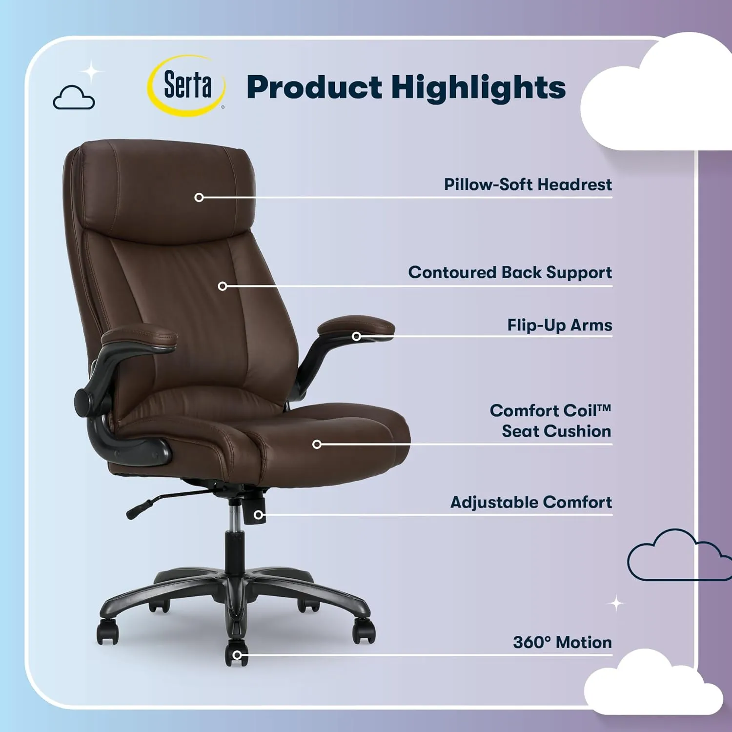 Serta Torrington Big & Tall Office Chair, with Flip-Up Padded Armrests, Ultra-Comfortable ComfortCoils Seat Cushion Technology, Modern Executive Premium PU Desk Chair, Dark Brown