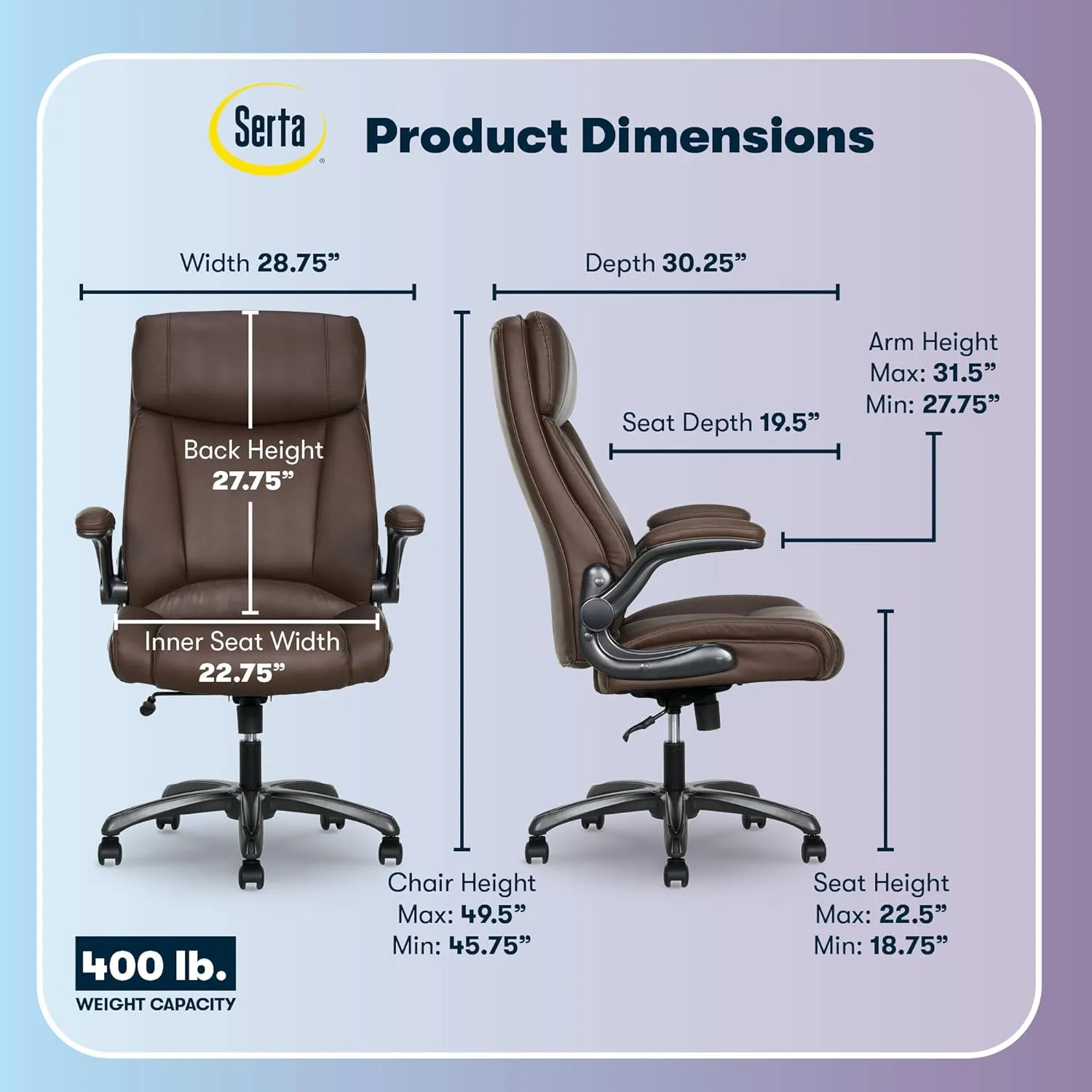Serta Torrington Big & Tall Office Chair, with Flip-Up Padded Armrests, Ultra-Comfortable ComfortCoils Seat Cushion Technology, Modern Executive Premium PU Desk Chair, Dark Brown