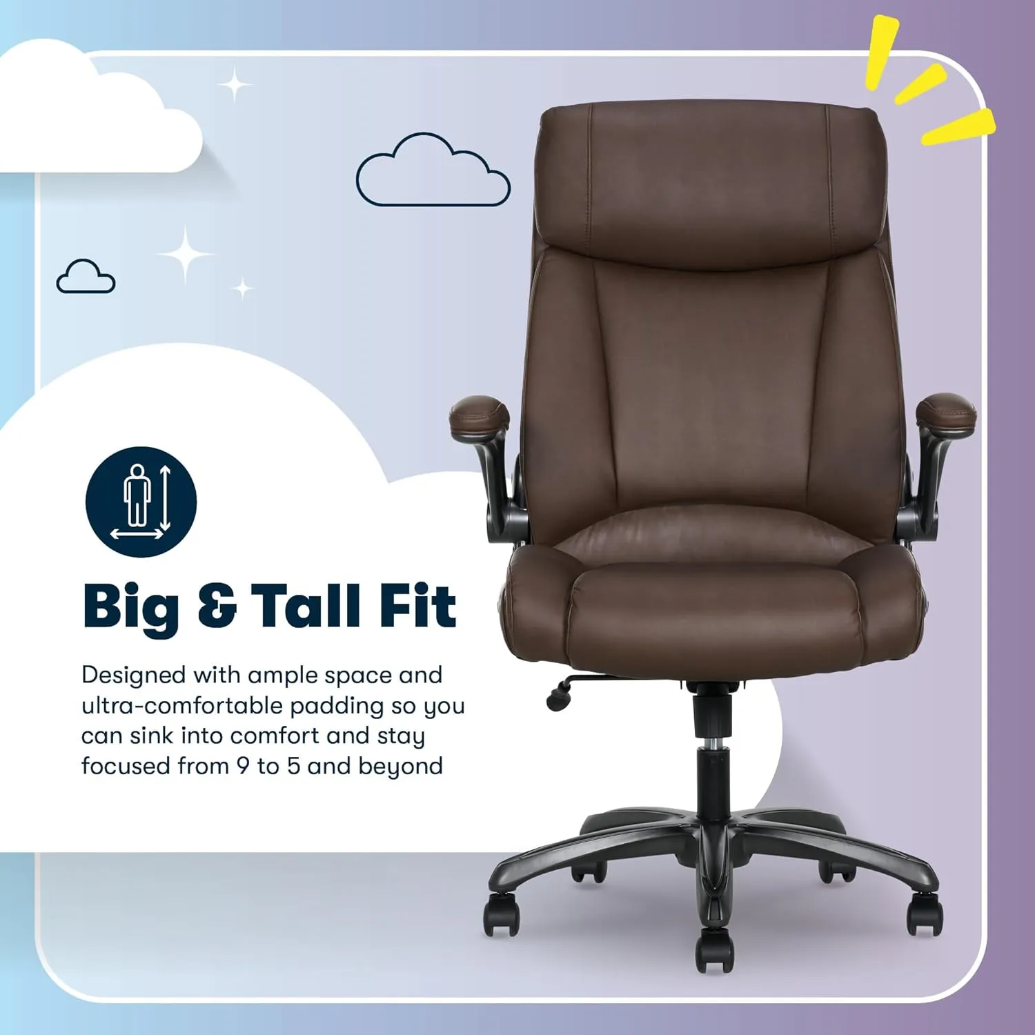Serta Torrington Big & Tall Office Chair, with Flip-Up Padded Armrests, Ultra-Comfortable ComfortCoils Seat Cushion Technology, Modern Executive Premium PU Desk Chair, Dark Brown