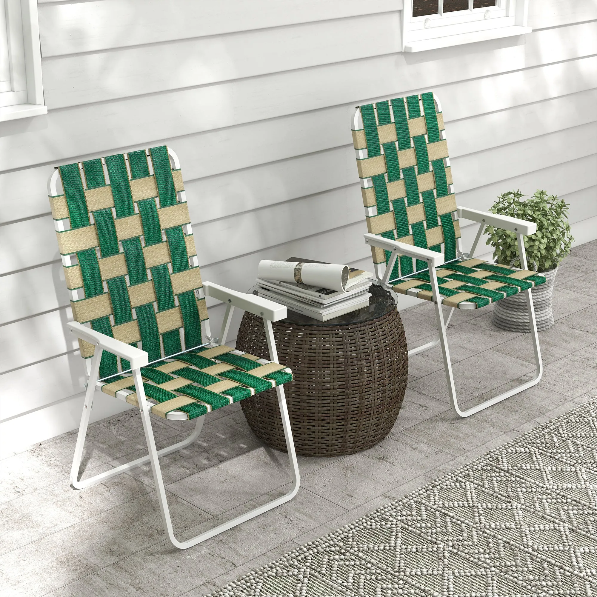 Set of 2 Classic Outdoor Camping Chairs, Portable Lawn Chairs with Armrests, Green