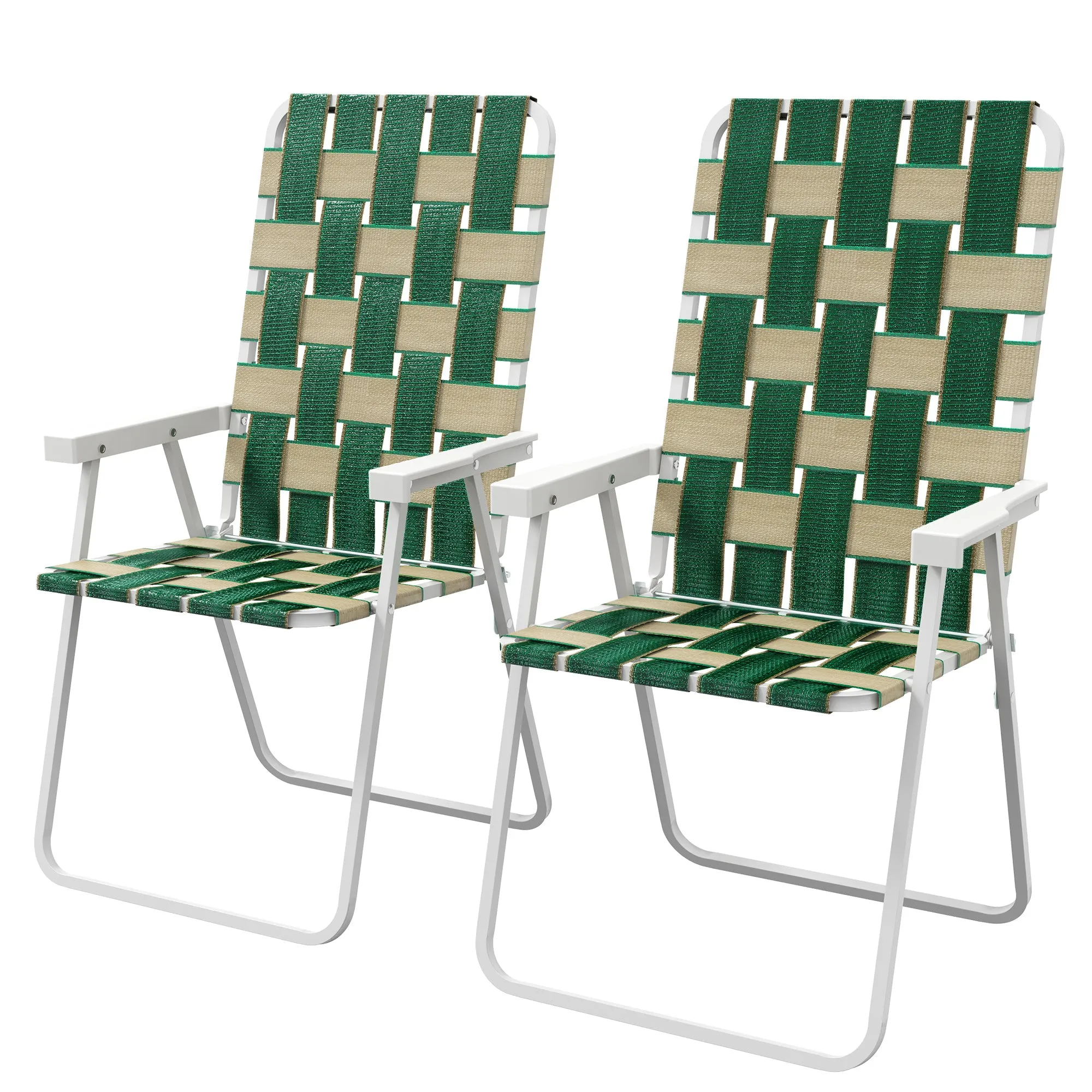 Set of 2 Classic Outdoor Camping Chairs, Portable Lawn Chairs with Armrests, Green