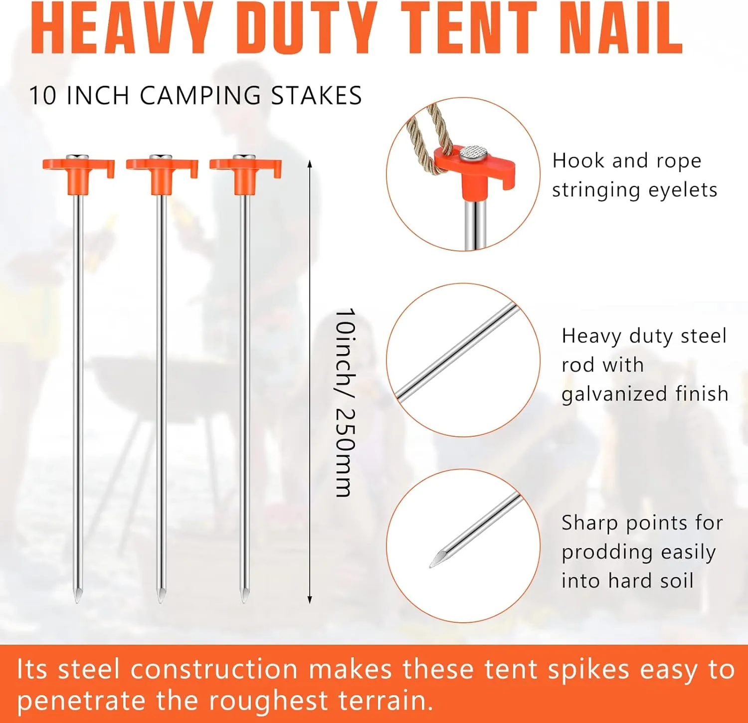 Shimeyao 10" Tent Stakes Camping Heavy Duty Stakes Bulk Metal Ground Pegs Camping Spikes Galvanized for Outdoor Pitching Canopy