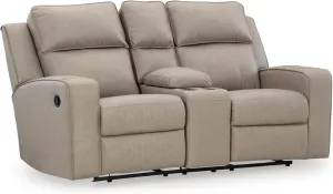 Signature Design by Ashley Lavenhorne Contemporary Faux Leather Manual Reclining Loveseat with Console and Cup Holders, Beige