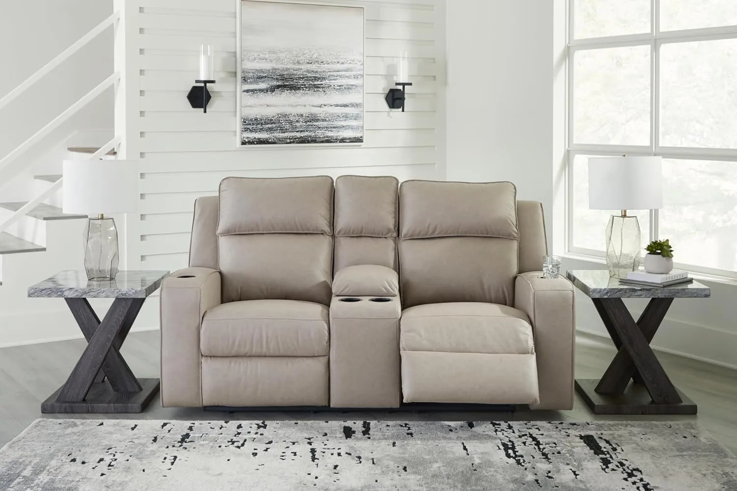 Signature Design by Ashley Lavenhorne Contemporary Faux Leather Manual Reclining Loveseat with Console and Cup Holders, Beige