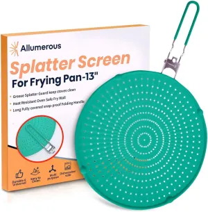 Silicone Splatter Screen for Frying Pan | Green 13" | Foldable Heatproof Handle with Sleeves | Compact Oven Safe Fry Wall | Versatile Grease Splatter Guard | Oil Splash Guard for Cooking and Baking