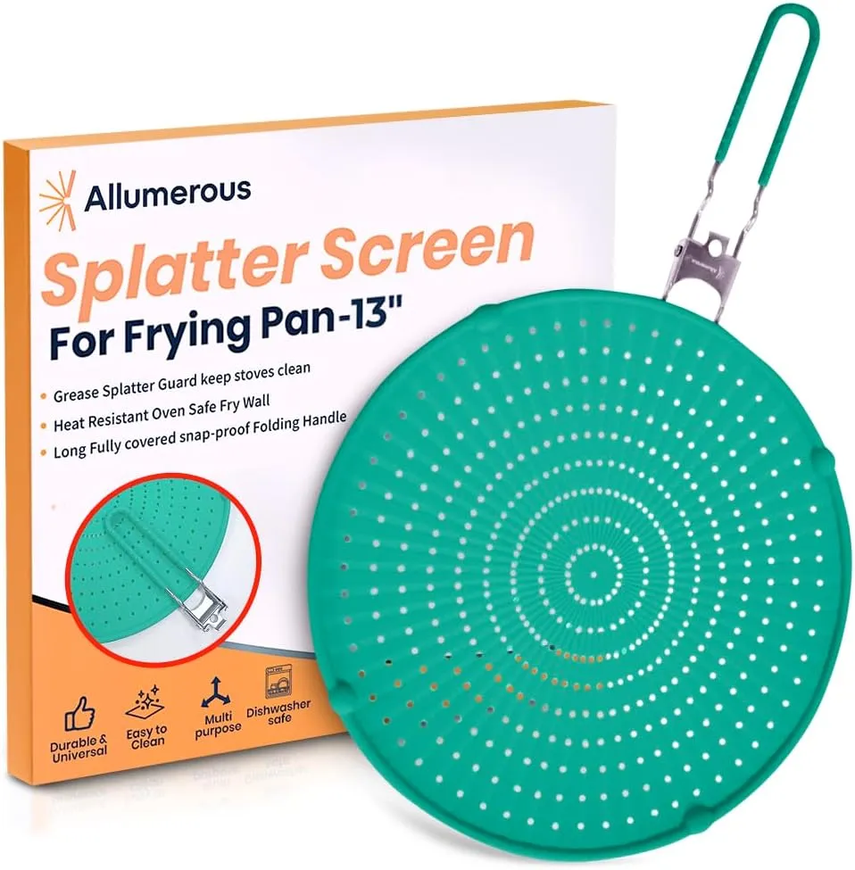 Silicone Splatter Screen for Frying Pan | Green 13" | Foldable Heatproof Handle with Sleeves | Compact Oven Safe Fry Wall | Versatile Grease Splatter Guard | Oil Splash Guard for Cooking and Baking