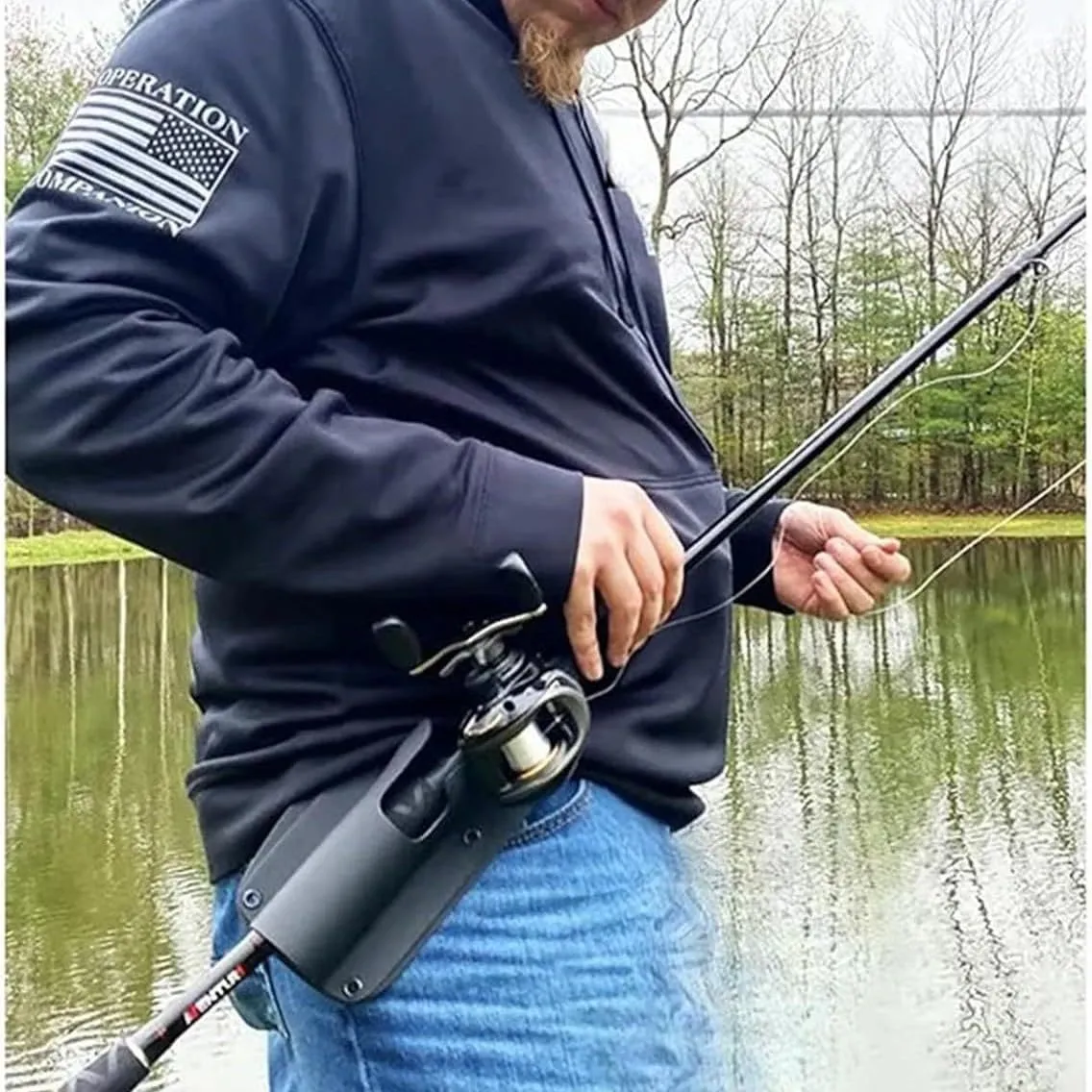Slide-in Fishing Rod Hip Holster for Belt, Hands-Free Fishing Pole Holder with Stash Pocket & Quick Draw Waist Belt for Fly & Bank Fishing, Durable Adjustable Portable Rod Holster
