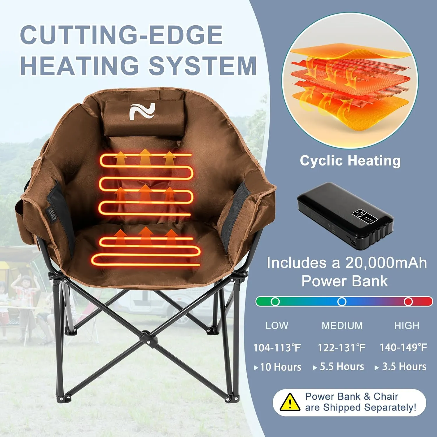 Slsy Heated Camping Chair with Headrest Pad, Oversized Heated Chair Outdoor Sports, Heated Camp Chair Seat Supports 500 lbs, Heating Folding Chair for Camping, Patio, Picnic