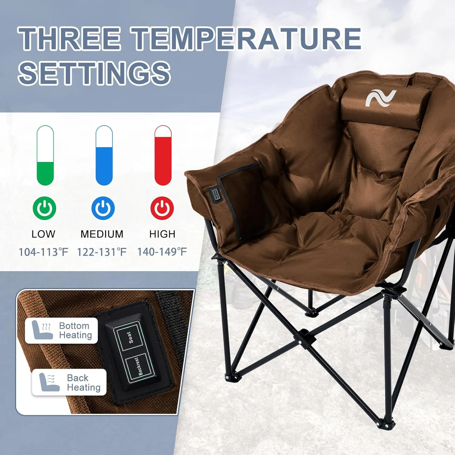 Slsy Heated Camping Chair with Headrest Pad, Oversized Heated Chair Outdoor Sports, Heated Camp Chair Seat Supports 500 lbs, Heating Folding Chair for Camping, Patio, Picnic