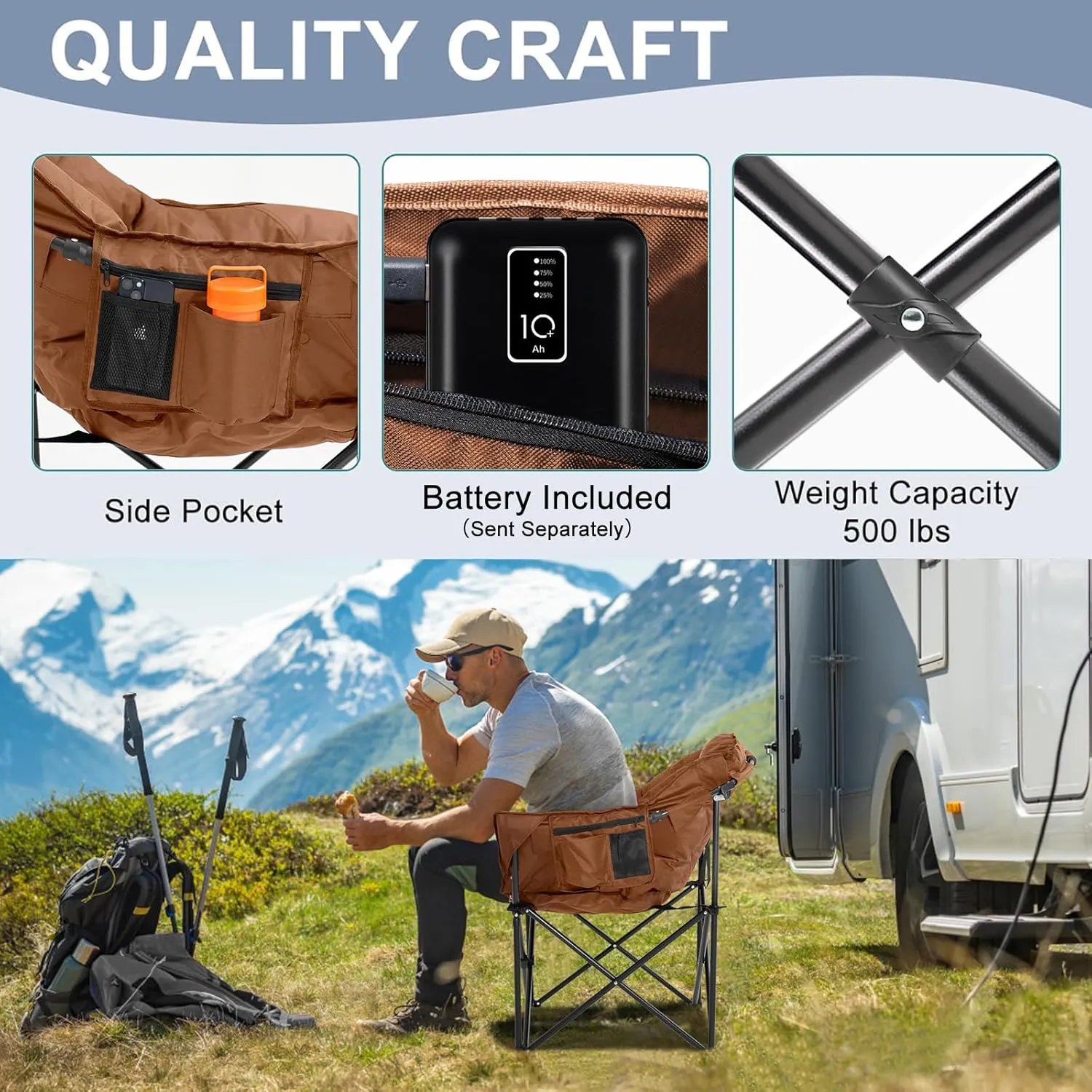 Slsy Heated Camping Chair with Headrest Pad, Oversized Heated Chair Outdoor Sports, Heated Camp Chair Seat Supports 500 lbs, Heating Folding Chair for Camping, Patio, Picnic