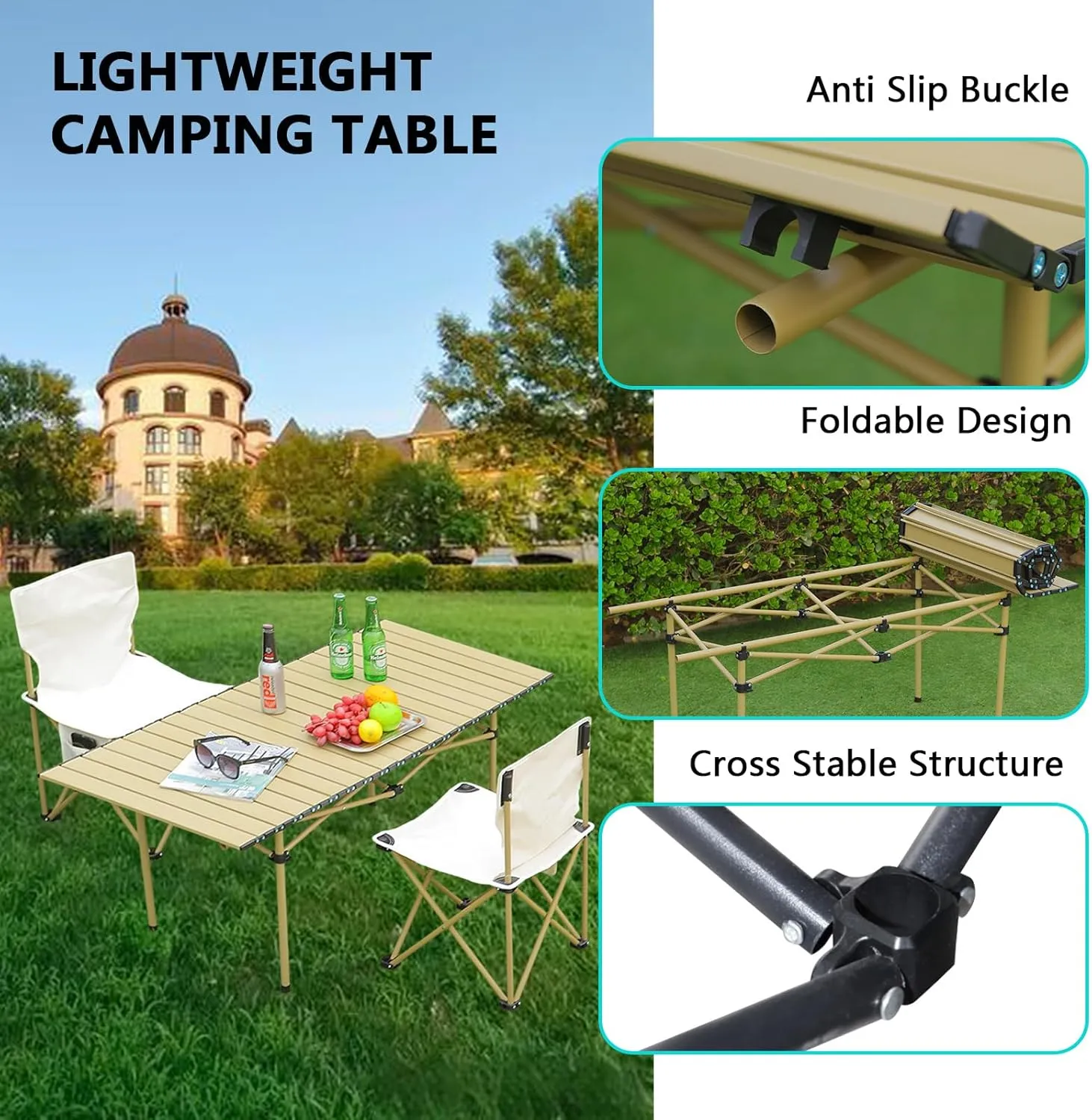 Small Folding Camping Table, Portable Beach Table with Aluminum Top, Lightweight Design for Outdoor Cooking, Picnic, BBQ, and Festivals Light Yellow 120×55×50cm/47×21×19.7in