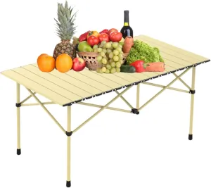 Small Folding Camping Table, Portable Beach Table with Aluminum Top, Lightweight Design for Outdoor Cooking, Picnic, BBQ, and Festivals Light Yellow 120×55×50cm/47×21×19.7in