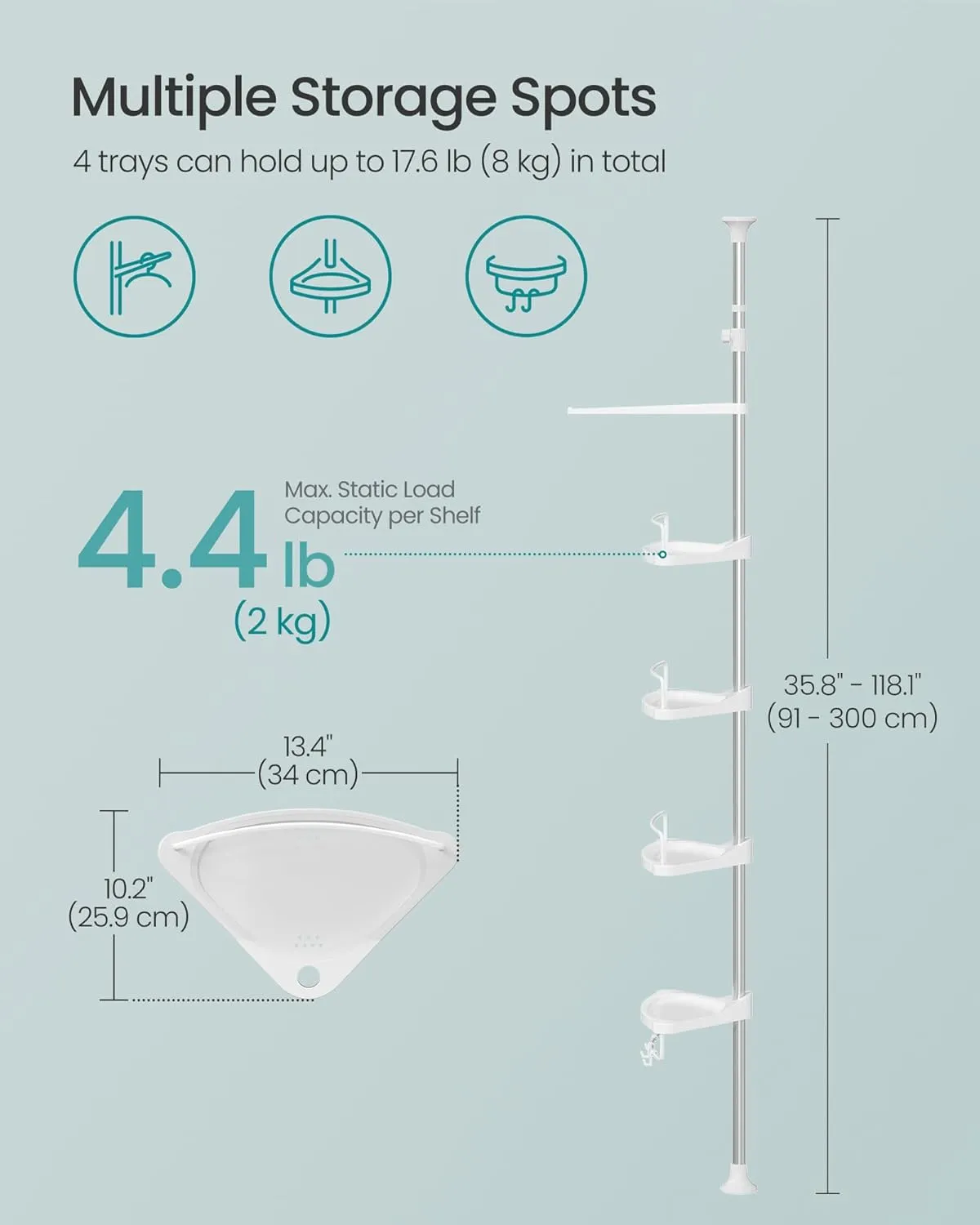 SONGMICS Corner Shower Caddy Tension Pole, 4-Tier Rust-Resistant Shower Organizer, Shower Shelf, Drill-Free, 35.8 to 118.1 Inches, Height Adjustable Trays, for Bathroom, Cloud White UBCB008W01