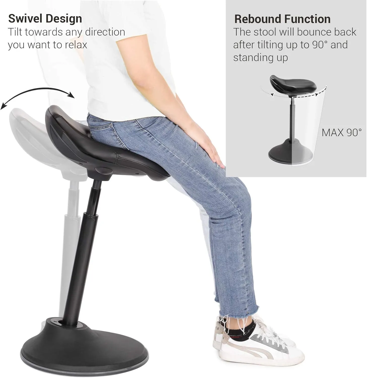 SONGMICS Standing Desk Chair, Adjustable Ergonomic Wobble Stool, 23.6-33.3 Inches Drafting Chair, Swivel Sitting Balance Stool, Synthetic Leather Upholstery, Anti-Slip Bottom Pad, Ink Black UOSC12BK