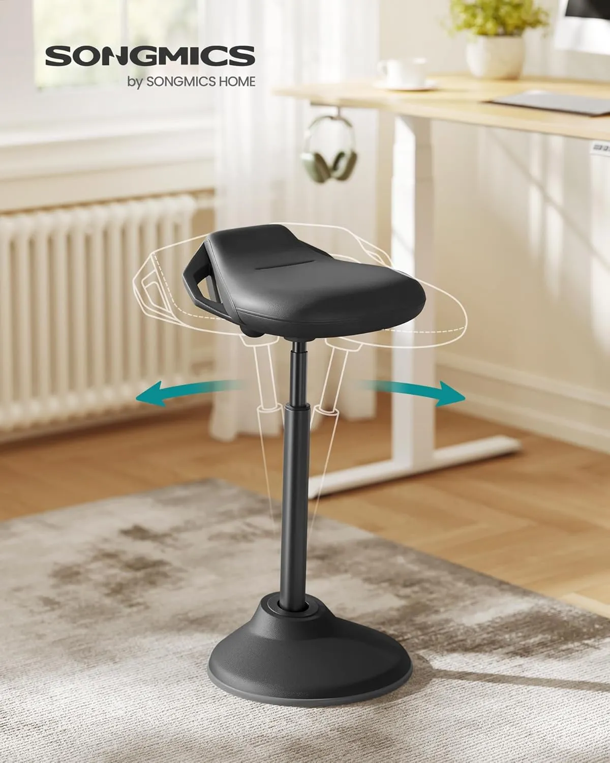 SONGMICS Standing Desk Chair, Adjustable Ergonomic Wobble Stool, 23.6-33.3 Inches Drafting Chair, Swivel Sitting Balance Stool, Synthetic Leather Upholstery, Anti-Slip Bottom Pad, Ink Black UOSC12BK