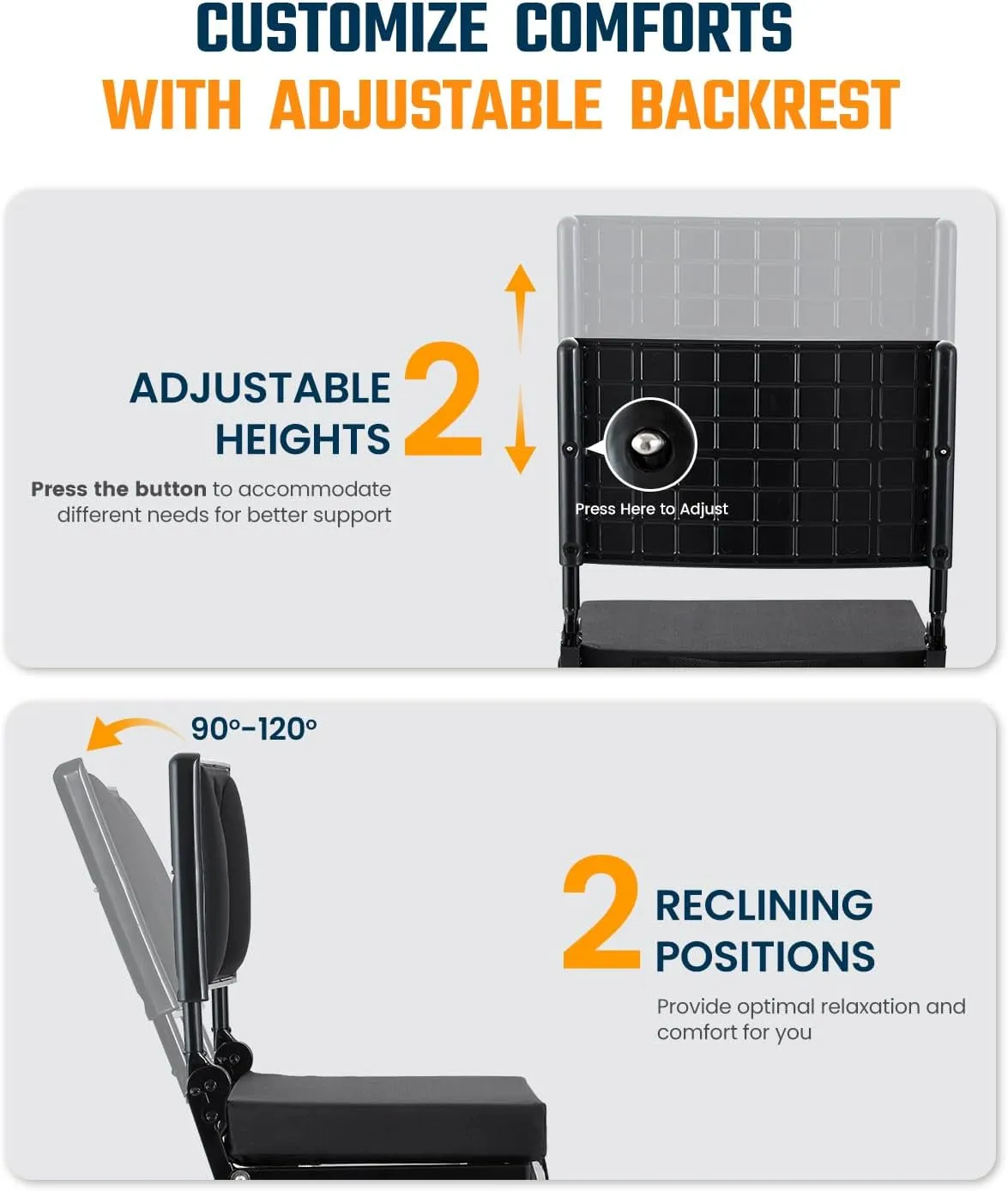 Sportneer Stadium Seats with Back Support: Height Adjustable Thick Padded Stadium Seats with Pocket, Shoulder Strap, Carry Handle, Cup Holder, Folding Stadium Chair for Sports Events Concerts Outdoor