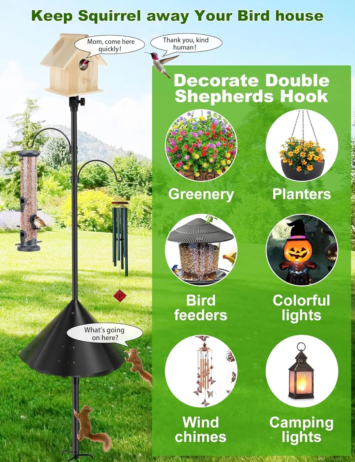 Squirrel-Proof Adjustable 97" Bird Feeder Pole with Double Shepherd Hooks | Heavy-Duty Yard Decor for Bird Houses & Feeders | Black (House Not Included)
