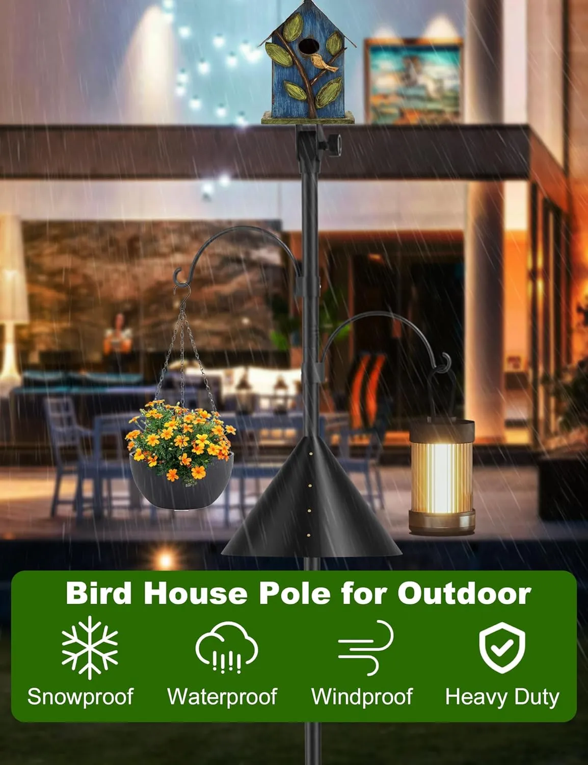 Squirrel-Proof Adjustable 97" Bird Feeder Pole with Double Shepherd Hooks | Heavy-Duty Yard Decor for Bird Houses & Feeders | Black (House Not Included)