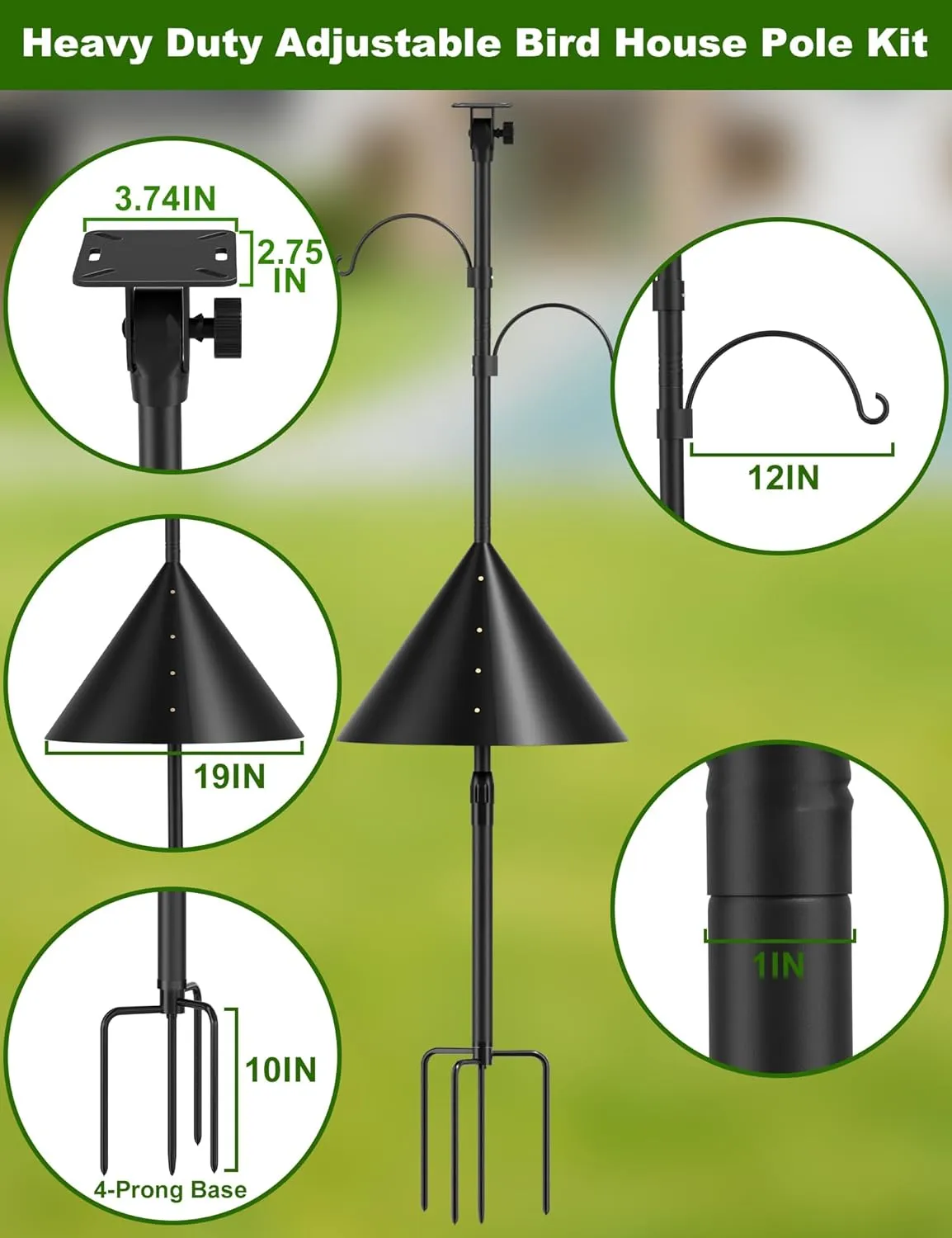 Squirrel-Proof Adjustable 97" Bird Feeder Pole with Double Shepherd Hooks | Heavy-Duty Yard Decor for Bird Houses & Feeders | Black (House Not Included)