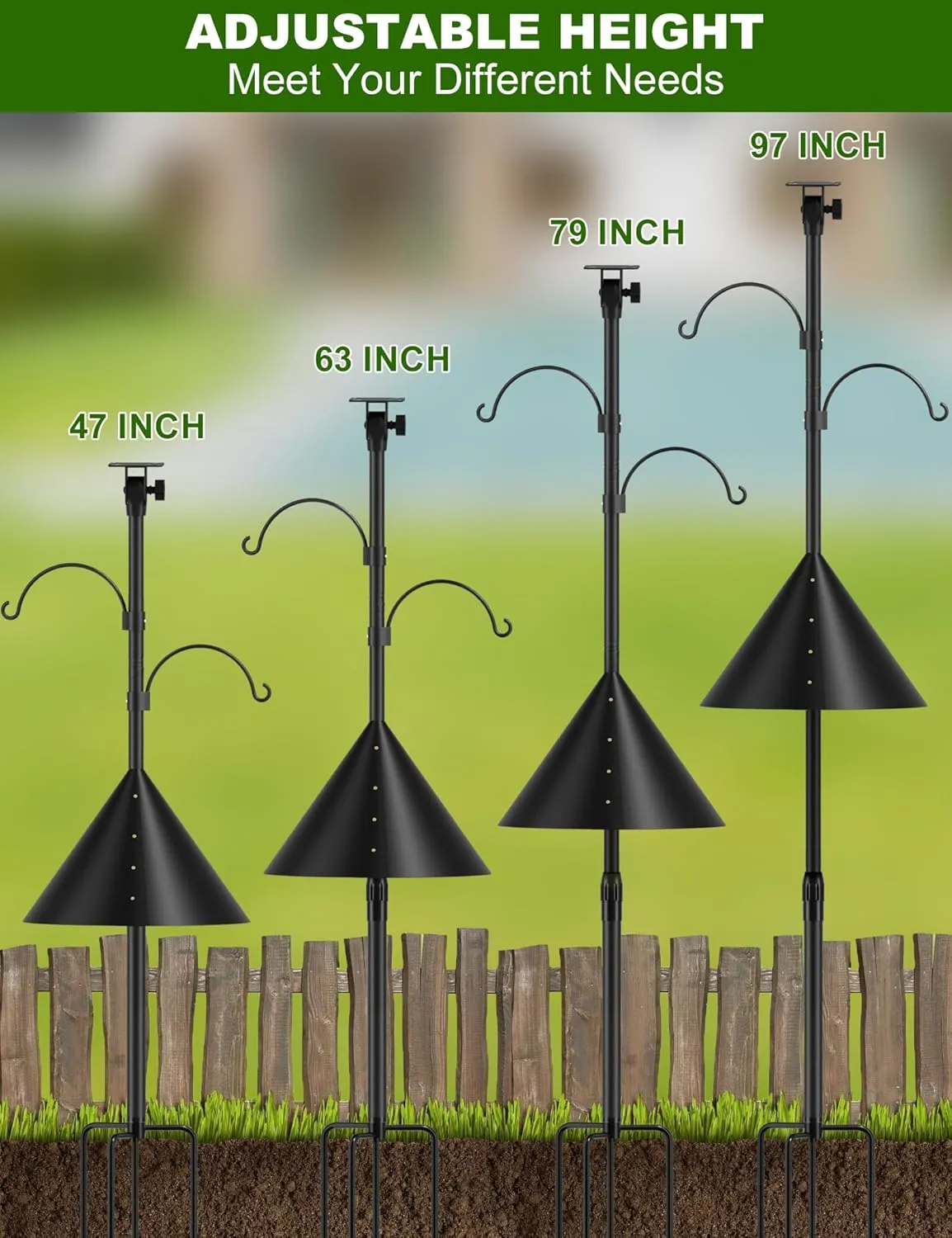 Squirrel-Proof Adjustable 97" Bird Feeder Pole with Double Shepherd Hooks | Heavy-Duty Yard Decor for Bird Houses & Feeders | Black (House Not Included)