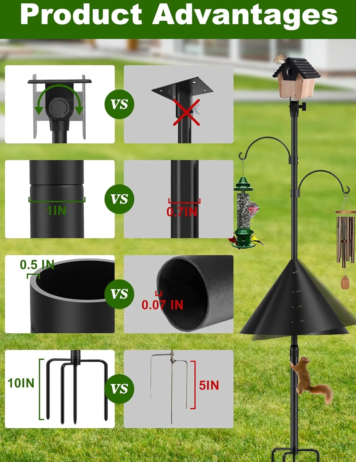 Squirrel-Proof Adjustable 97" Bird Feeder Pole with Double Shepherd Hooks | Heavy-Duty Yard Decor for Bird Houses & Feeders | Black (House Not Included)