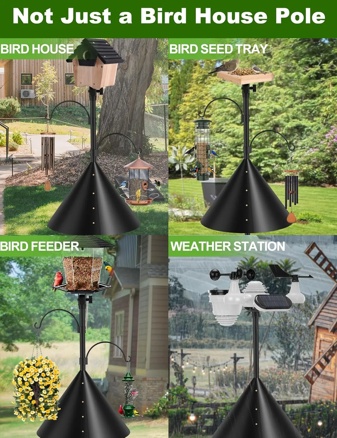 Squirrel-Proof Adjustable 97" Bird Feeder Pole with Double Shepherd Hooks | Heavy-Duty Yard Decor for Bird Houses & Feeders | Black (House Not Included)