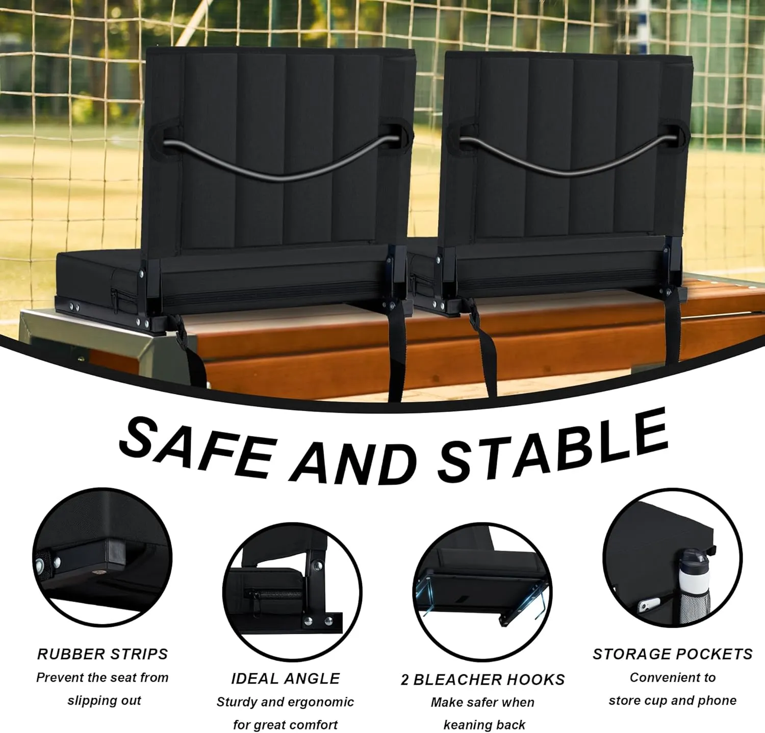 Stadium Seat for Bleachers with Back Support and Cushion, Bleacher Seats with Shoulder Strap and Cup Holder, Padded Portable Folding Comfort Stadium Chair, for Sports Events, Black (2pcs)
