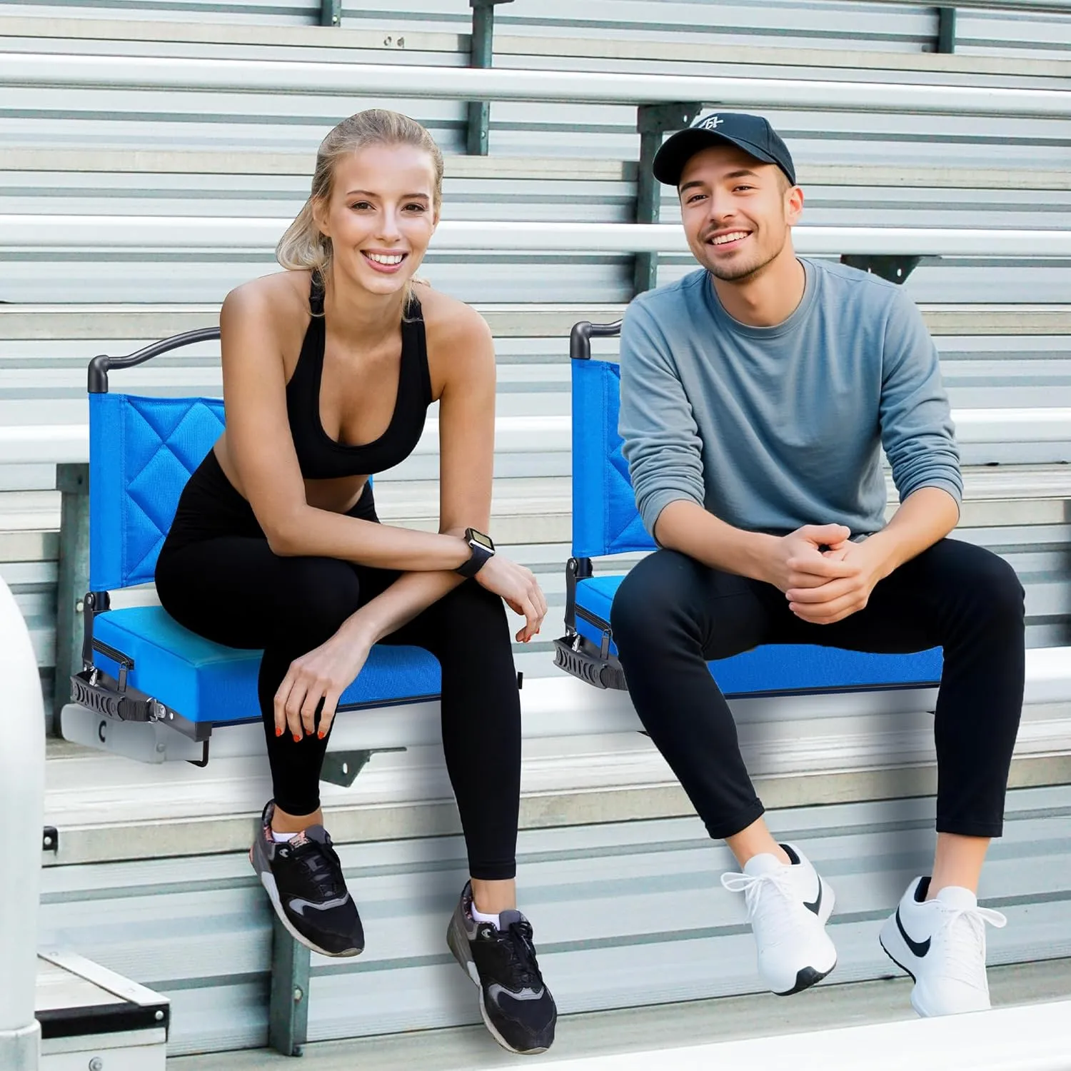 Stadium Seats with Back Support Cushion, Folding Stadium Seats for Bleachers Hold up 400lbs, Wide Bleacher Seat with Shoulder Strap & Handle Comfort for Sports Events (Blue, 2pcs)