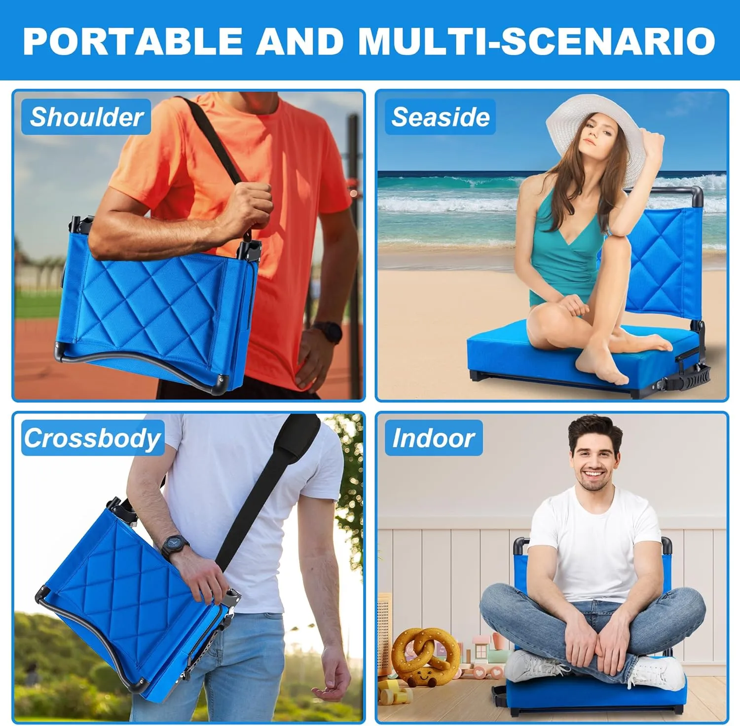 Stadium Seats with Back Support Cushion, Folding Stadium Seats for Bleachers Hold up 400lbs, Wide Bleacher Seat with Shoulder Strap & Handle Comfort for Sports Events (Blue, 2pcs)