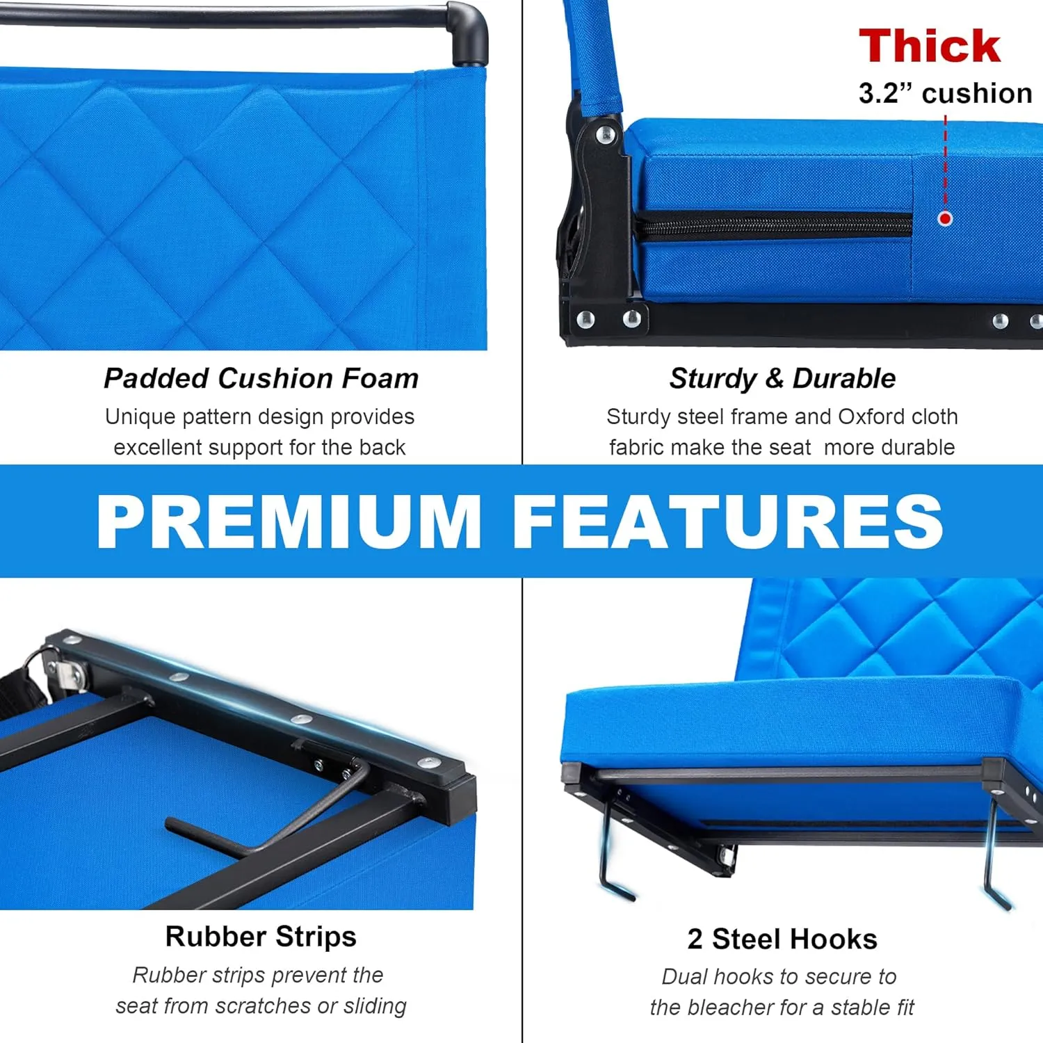 Stadium Seats with Back Support Cushion, Folding Stadium Seats for Bleachers Hold up 400lbs, Wide Bleacher Seat with Shoulder Strap & Handle Comfort for Sports Events (Blue, 2pcs)