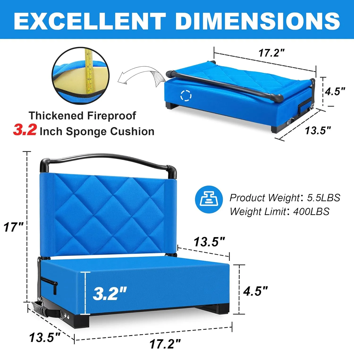 Stadium Seats with Back Support Cushion, Folding Stadium Seats for Bleachers Hold up 400lbs, Wide Bleacher Seat with Shoulder Strap & Handle Comfort for Sports Events (Blue, 2pcs)