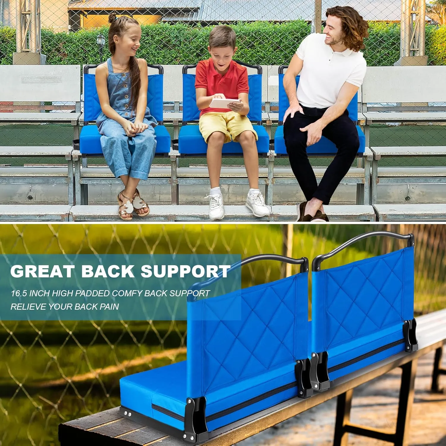 Stadium Seats with Back Support Cushion, Folding Stadium Seats for Bleachers Hold up 400lbs, Wide Bleacher Seat with Shoulder Strap & Handle Comfort for Sports Events (Blue, 2pcs)