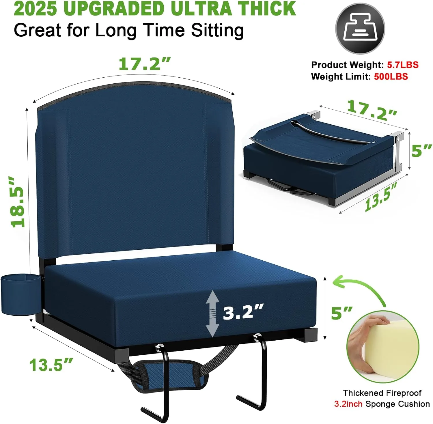 Stadium Seats with Back Support, Portable Bleacher Seat for Bleachers Hold up 400lbs, Wide Bleacher Seat with Shoulder Strap & Handle Perfect for Sports Events (Navy Blue, 1pcs)
