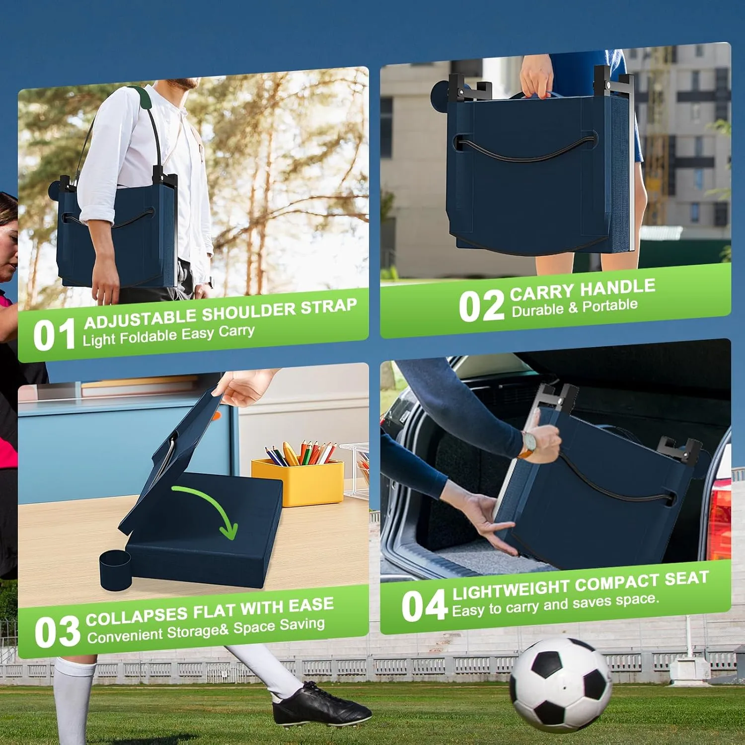 Stadium Seats with Back Support, Portable Bleacher Seat for Bleachers Hold up 400lbs, Wide Bleacher Seat with Shoulder Strap & Handle Perfect for Sports Events (Navy Blue, 1pcs)
