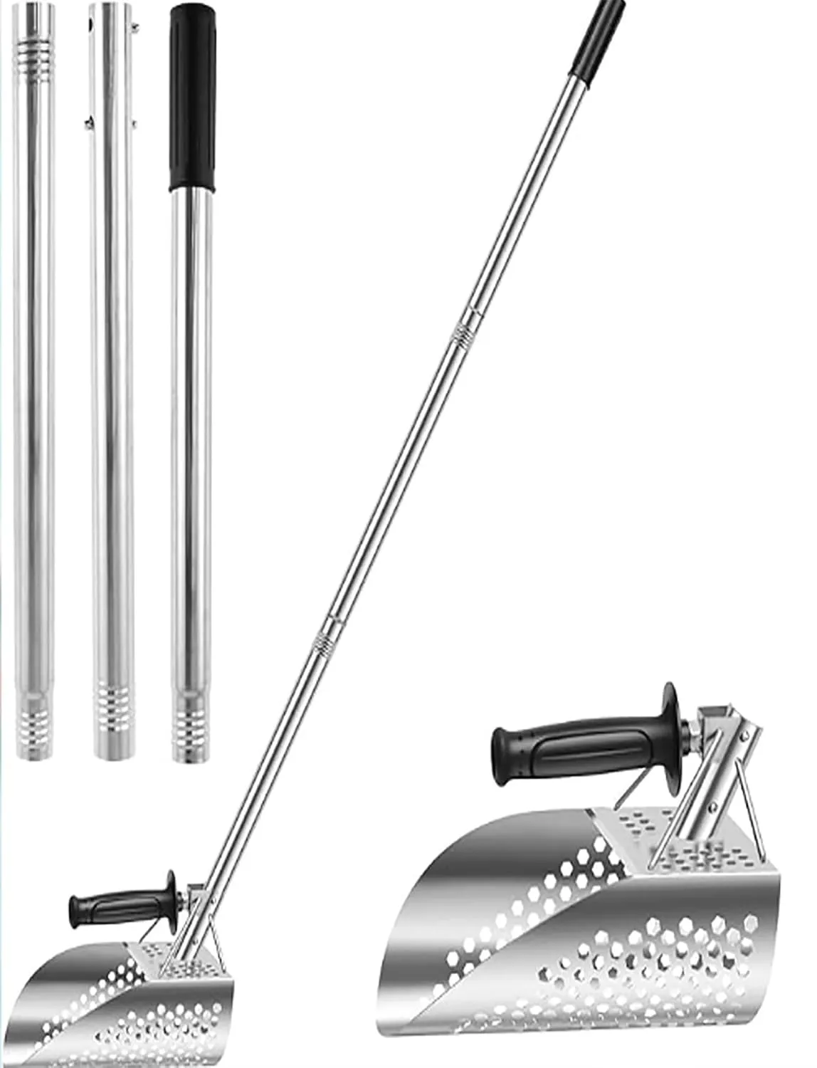 Stainless Steel Metal Beach Sand Scoop, 45.5Inch Long Handle Sand Scoop Adjustable Detecting Shovel Detachable Sand Scoop Shovel Metal Detector Scoop for Sand Sifting and Treasure Hunting