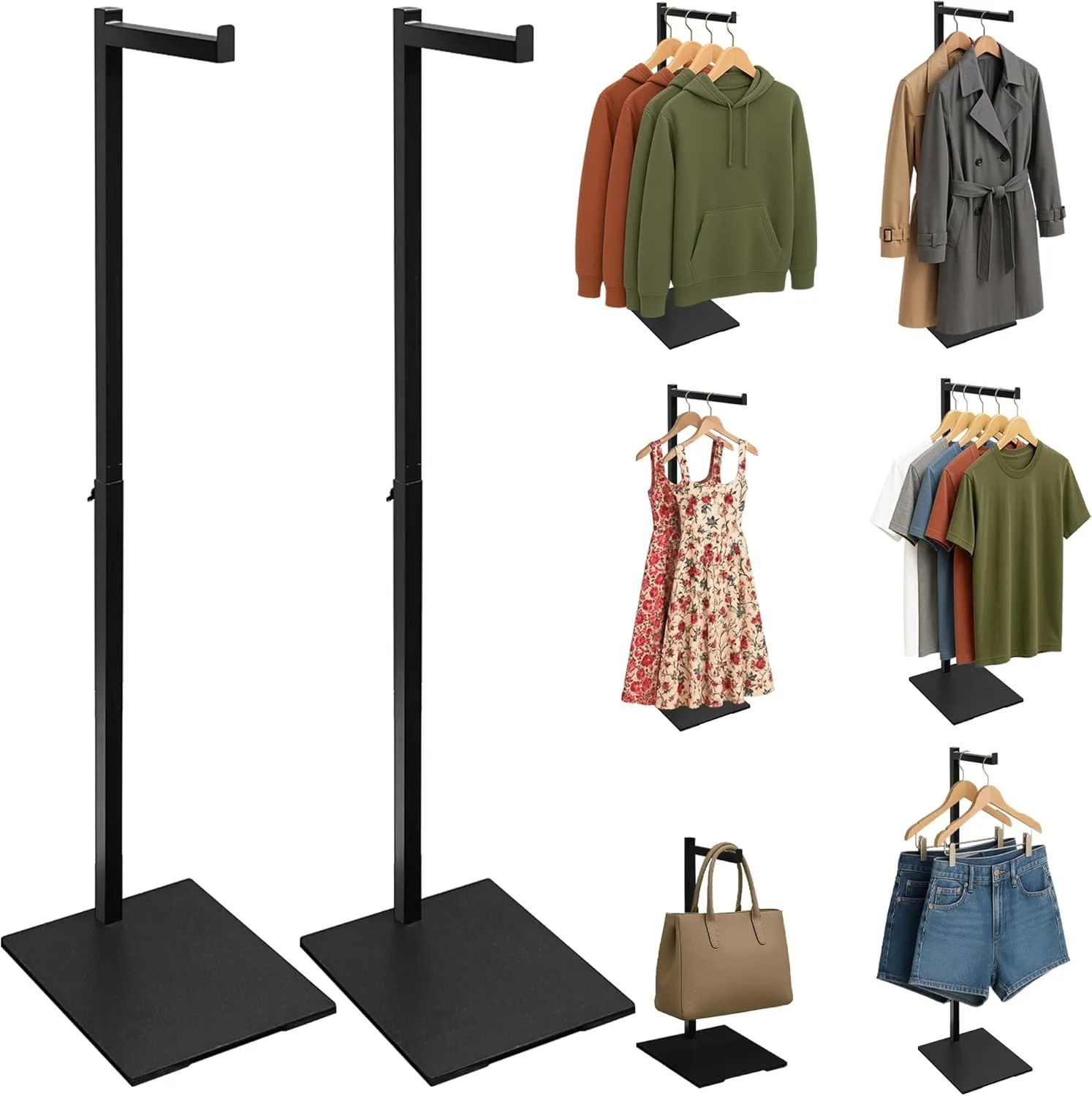 Standing Clothes Rack, Adjustable Clothes Hanger Rack Stand, Metal Clothes Rack, Clothing Display Rack, Garment Display Stand for Thrift Shops and Retail Store, Black, 2Pack