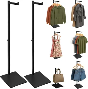 Standing Clothes Rack, Adjustable Clothes Hanger Rack Stand, Metal Clothes Rack, Clothing Display Rack, Garment Display Stand for Thrift Shops and Retail Store, Black, 2Pack