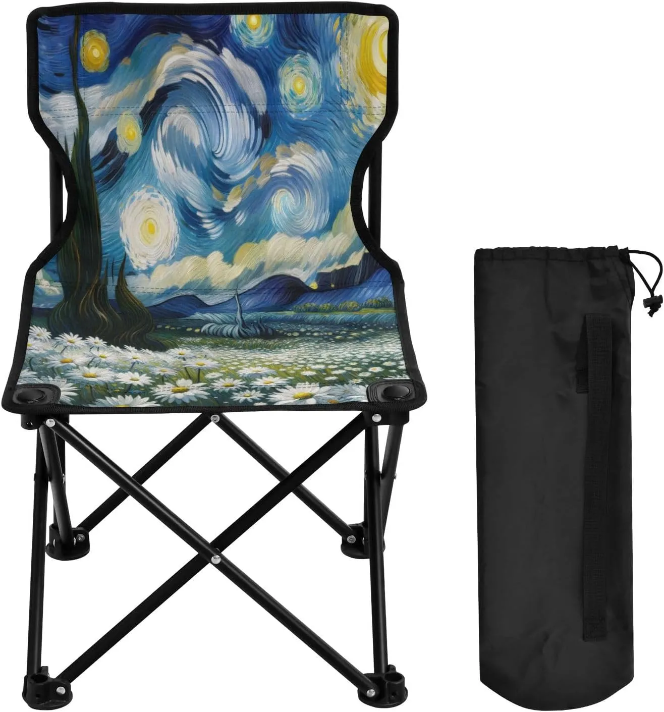 Starry Night Chrysanthemum Oil Painting Portable Outdoor Folding Chair Anti-Slip Padded Oxford Cloth Stool Camping Chair Small for Beach Hiking Fishing Gardening Quad Camp Chair